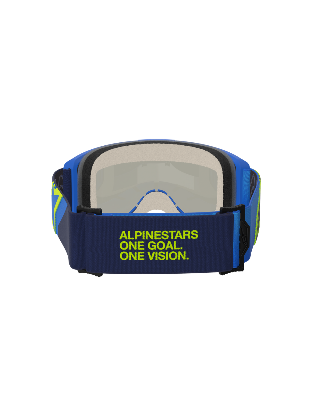 Alpinestars Vision 5 Corp Goggles, Blau und Gelb Fluo, Rückansicht mit dunkelblauem Band und limettengrünem „Alpinestars One Goal One Vision“ Schriftzug, blauer Rahmen und mehrschichtiger Gesichtsschaum, Motocross-Schutzbrille
