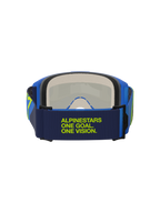 Alpinestars Vision 5 Corp Goggles, Blau und Gelb Fluo, Rückansicht mit dunkelblauem Band und limettengrünem „Alpinestars One Goal One Vision“ Schriftzug, blauer Rahmen und mehrschichtiger Gesichtsschaum, Motocross-Schutzbrille