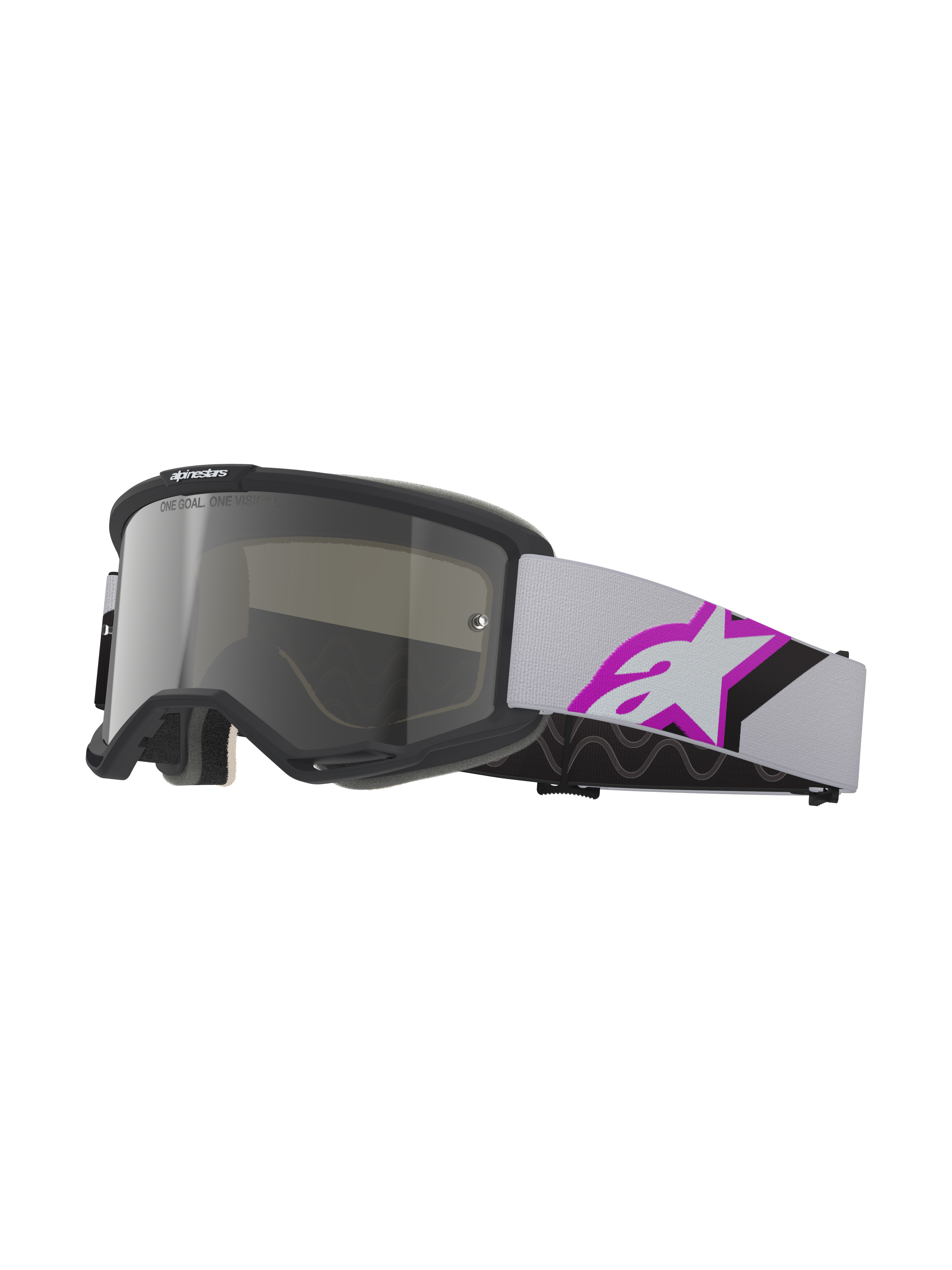 Alpinestars Vision 5 Corp Goggles, Motocross Goggles, Light Gray and Purple Mirror Silver, black frame with silver mirrored lens, light gray woven strap featuring a large purple and black star logo, multi-layer face foam for snug fit, professional off-road protective eyewear