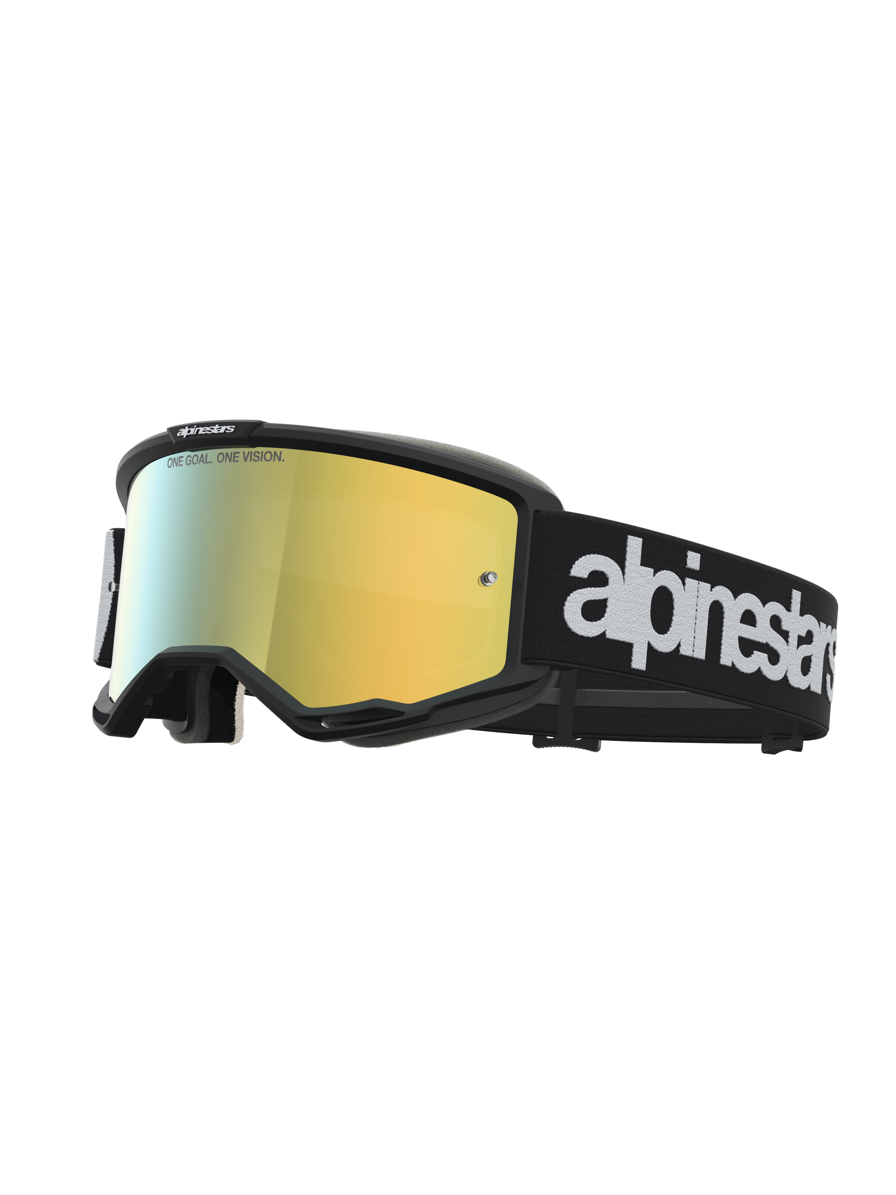 Alpinestars Vision 5 Hone Motocross-Schutzbrille, Schwarz und Gold, A-FLEX-Rahmen mit goldener Spiegelscheibe.