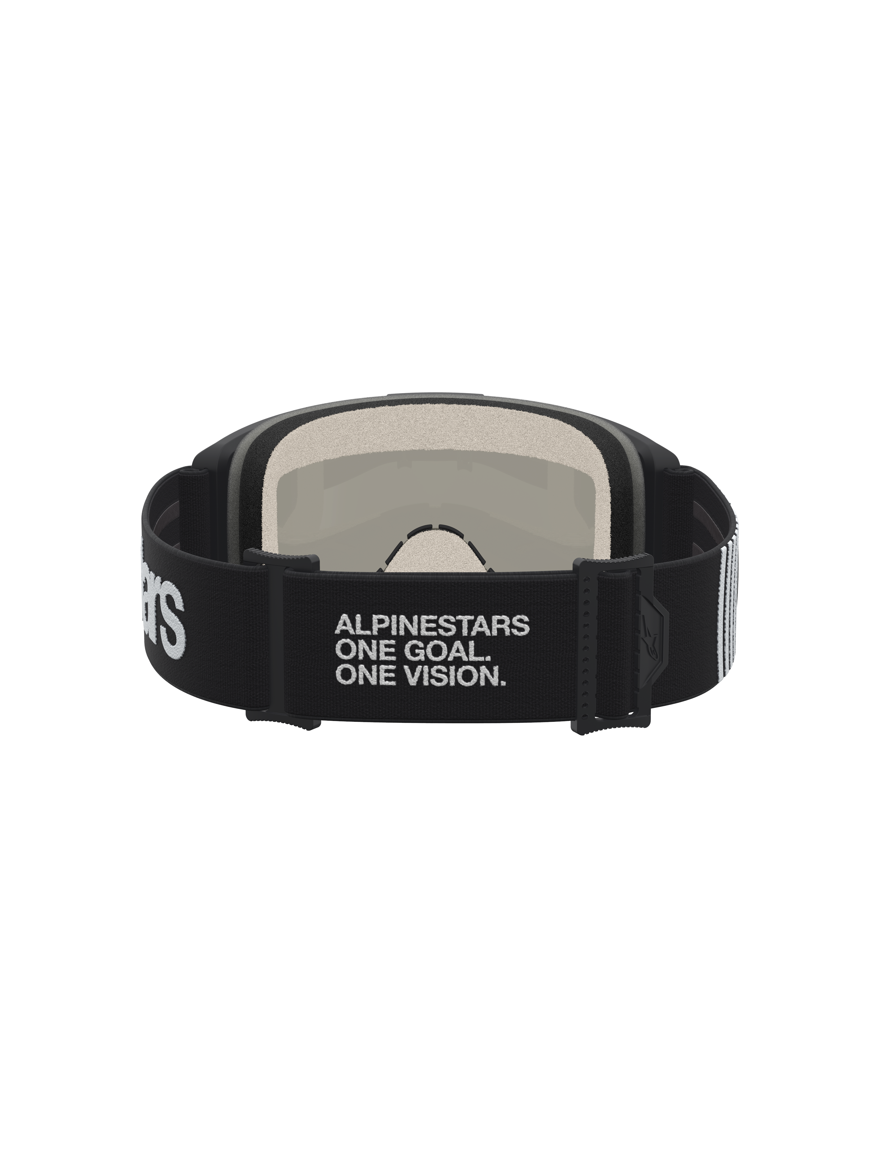 Alpinestars Vision 5 Hone Motocross-Schutzbrille, Schwarz-Weiß, Band mit One Goal One Vision Schriftzug und Schaumstoff.