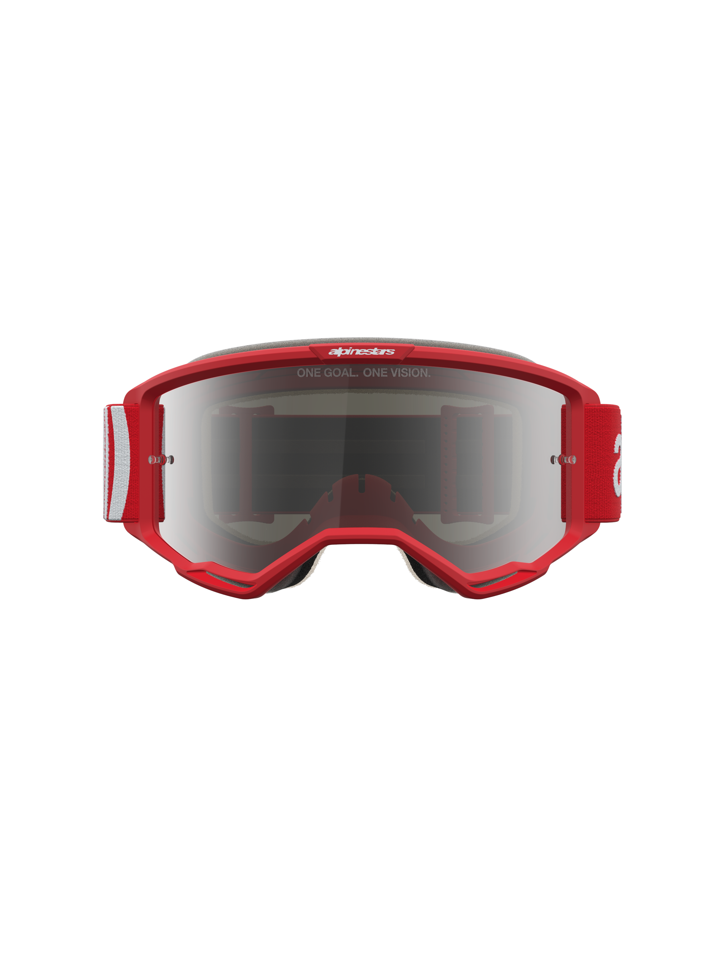Alpinestars Vision 5 Hone Motocross-Schutzbrille, Rot und Weiß, silbern verspiegelte Scheibe, RAM-AIR-Belüftungssystem.