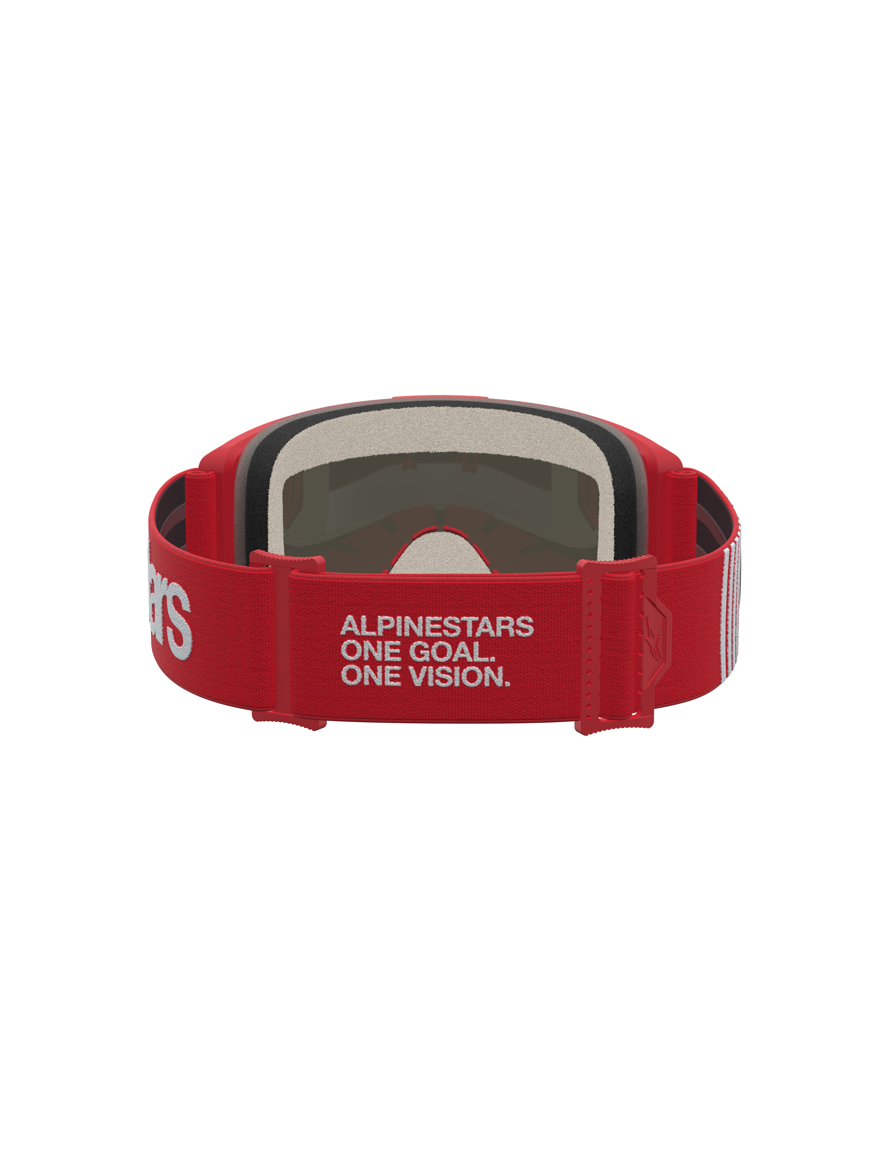 Alpinestars Vision 5 Schutzbrille Hone, Motocross-Brille in Rot und Weiß mit One Goal One Vision-Branding am Kopfband.