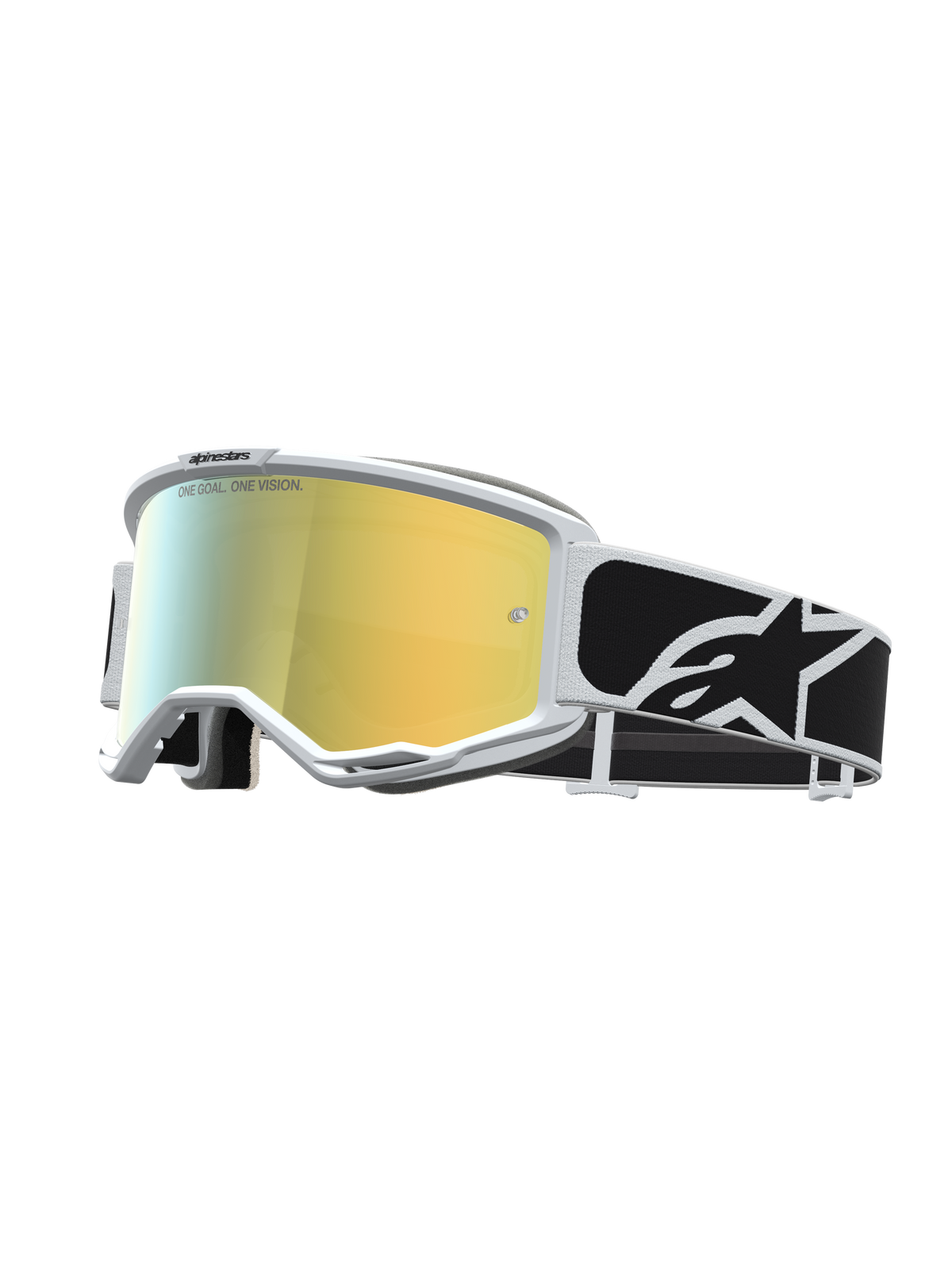 Alpinestars Vision 5 Rora Motocross-Schutzbrille mit weißem Rahmen, gold verspiegelter Scheibe und schwarzem Logo-Band.
