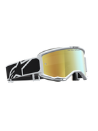 Alpinestars Vision 5 Rora Schutzbrille, Motocross-Schutzbrille mit goldener Verspiegelung, weißem Rahmen und schwarzem Band.