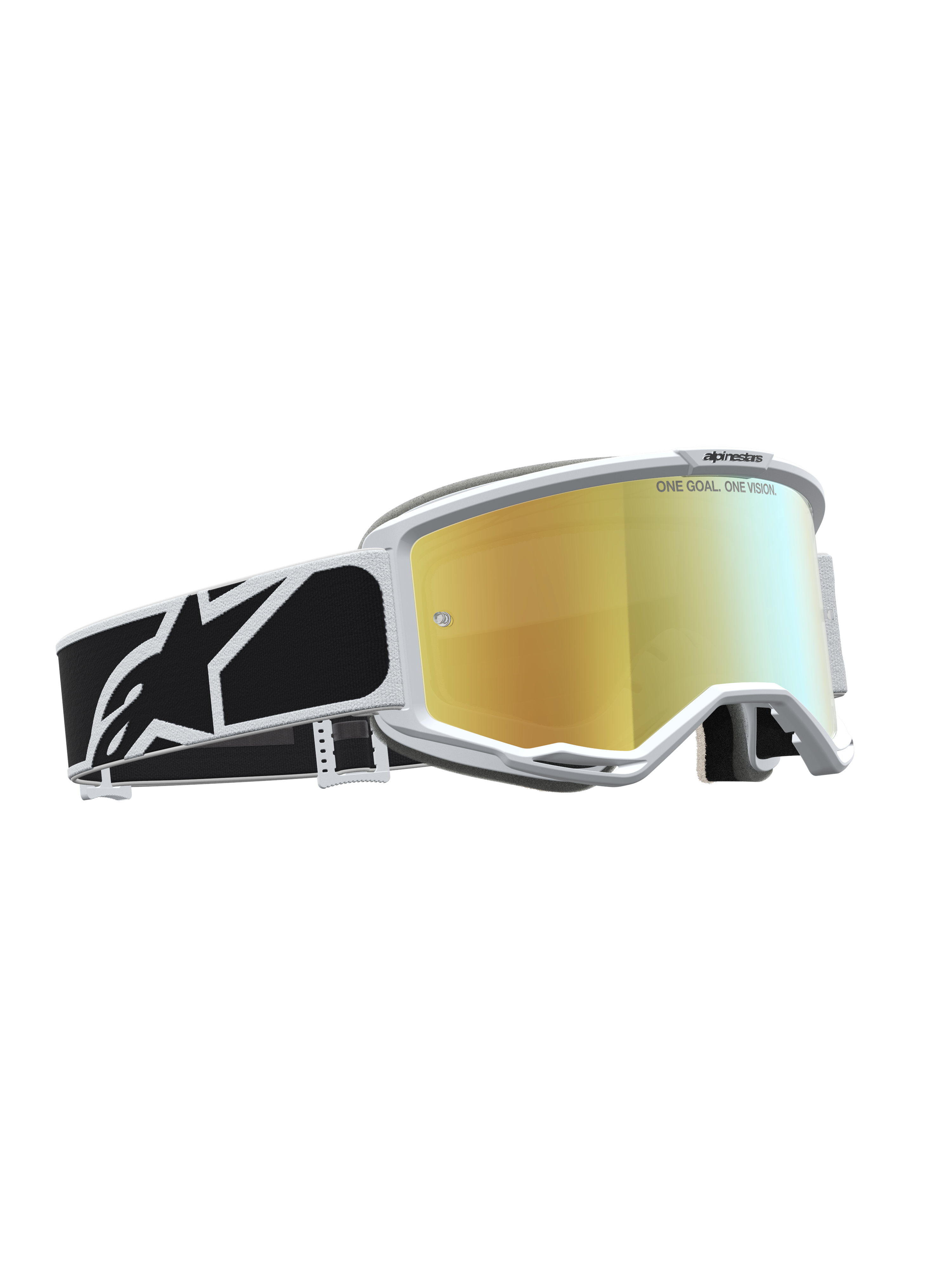 Alpinestars Vision 5 Rora Schutzbrille, Motocross-Schutzbrille mit goldener Verspiegelung, weißem Rahmen und schwarzem Band.
