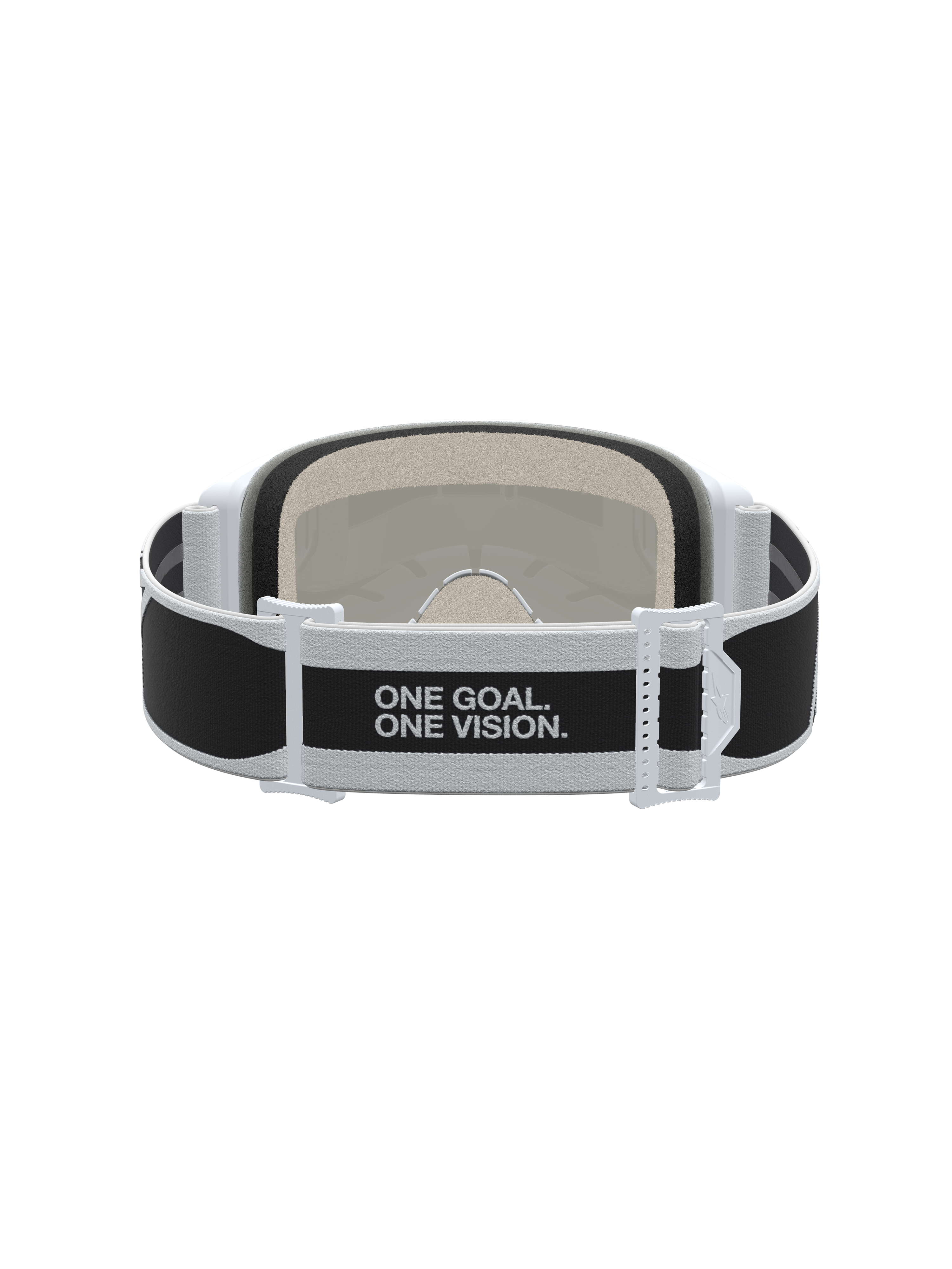 Alpinestars Vision 5 Schutzbrille Rora, Motocross, Schwarz und Weiß, Rückansicht des Brillenbands mit 'One Goal. One Vision.' Slogan.