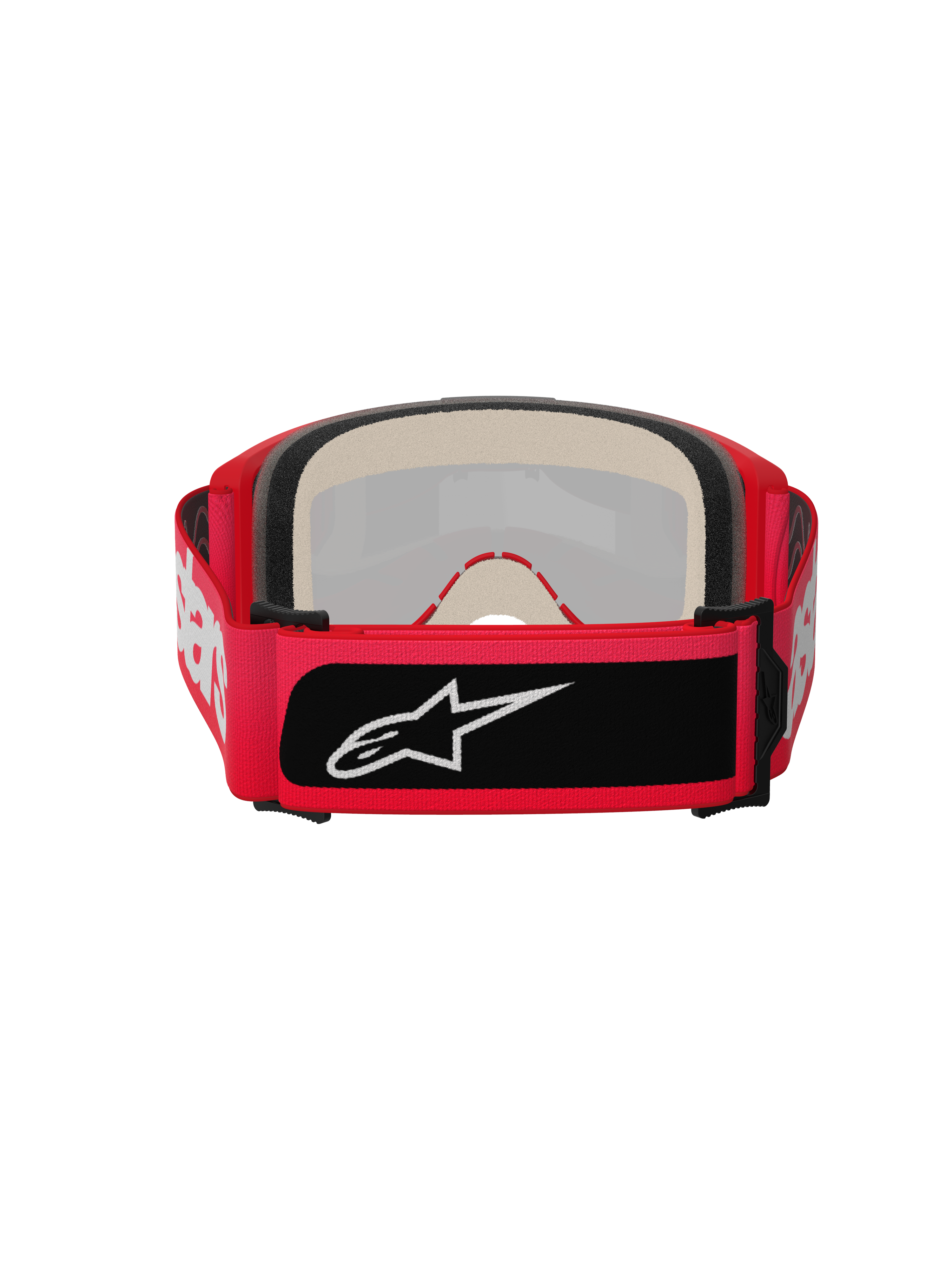 Alpinestars Vision 5 Blaze Goggles, Motocross-Brille, Rot, Rückansicht mit dickem, mehrschichtigem Gesichtsschaum und einem breiten, verstellbaren Band mit weißem Alpinestars-Schriftzug und einem schwarzen Logo-Patch