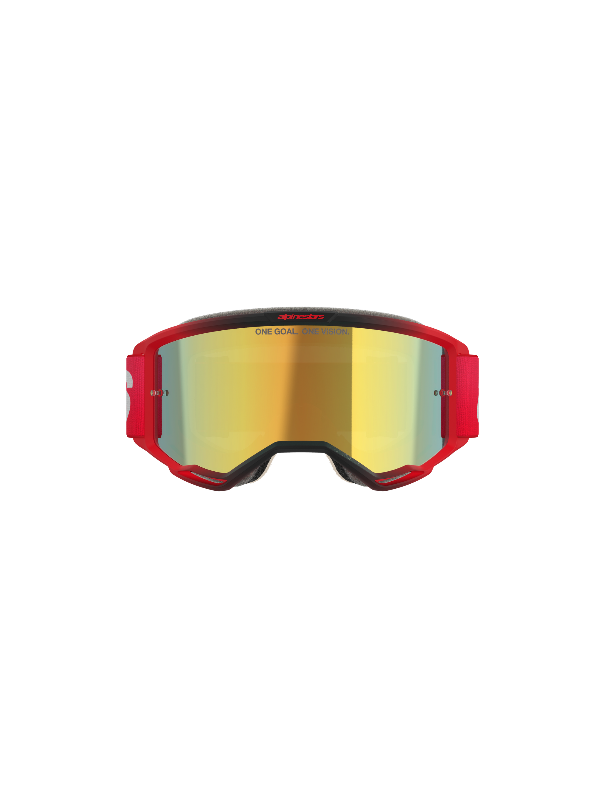 Alpinestars Vision 5 Blaze Goggles, Motocross Goggles, Red frame with Gold Mirror lens, features 'ONE GOAL. ONE VISION.' text on lens, red elastic strap with white logo, professional motocross eye protection
