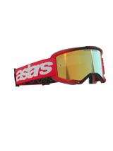 Alpinestars Vision 5 Blaze Goggles, Motocross Goggles, Red with Gold Mirror Lens, featuring a red woven strap with a large white astars logo and 'ONE GOAL. ONE VISION.' text on the lens, high-performance eye protection for off-road racing