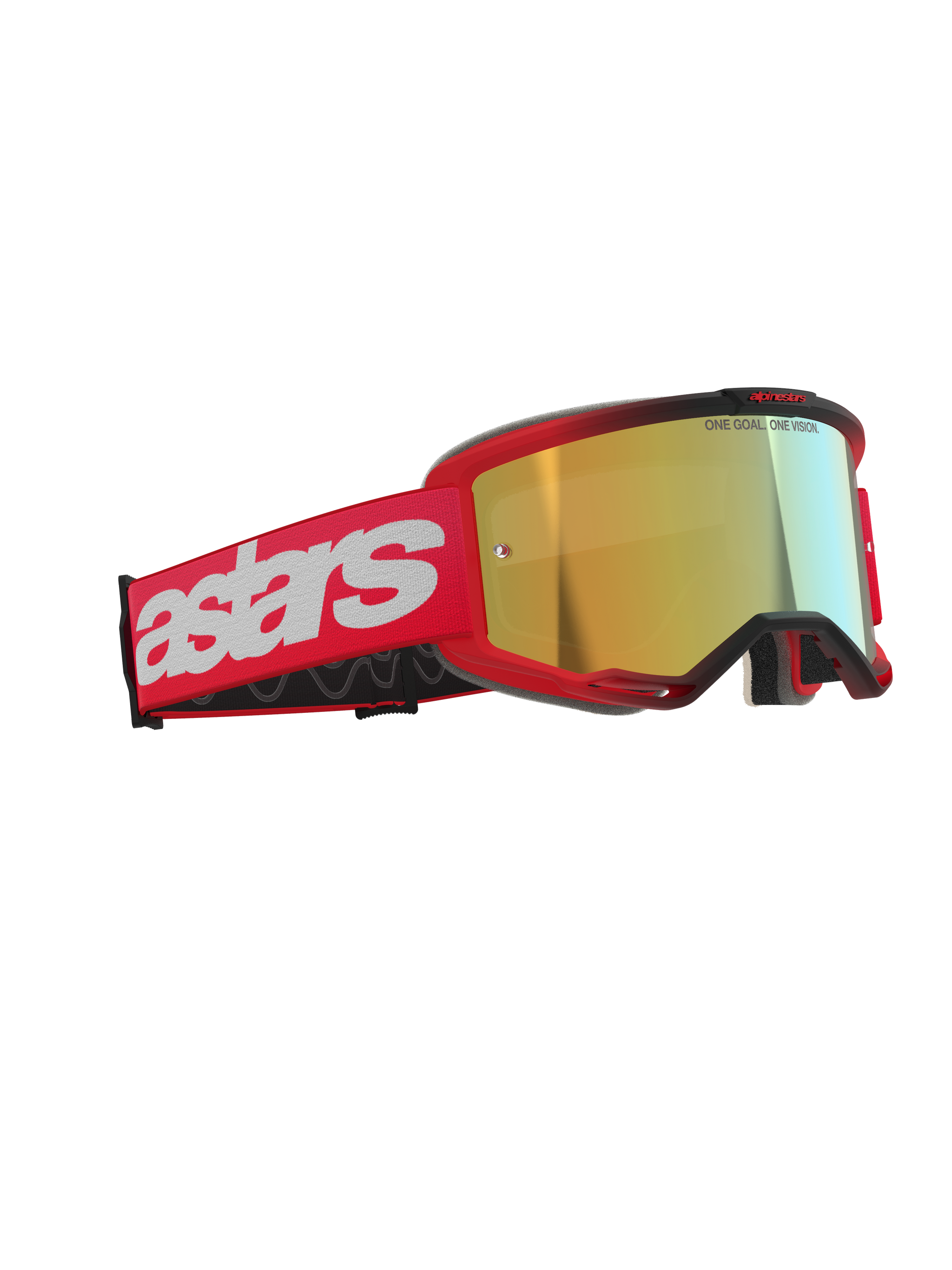 Alpinestars Vision 5 Blaze Goggles, Motocross Goggles, Red with Gold Mirror Lens, featuring a red woven strap with a large white astars logo and 'ONE GOAL. ONE VISION.' text on the lens, high-performance eye protection for off-road racing