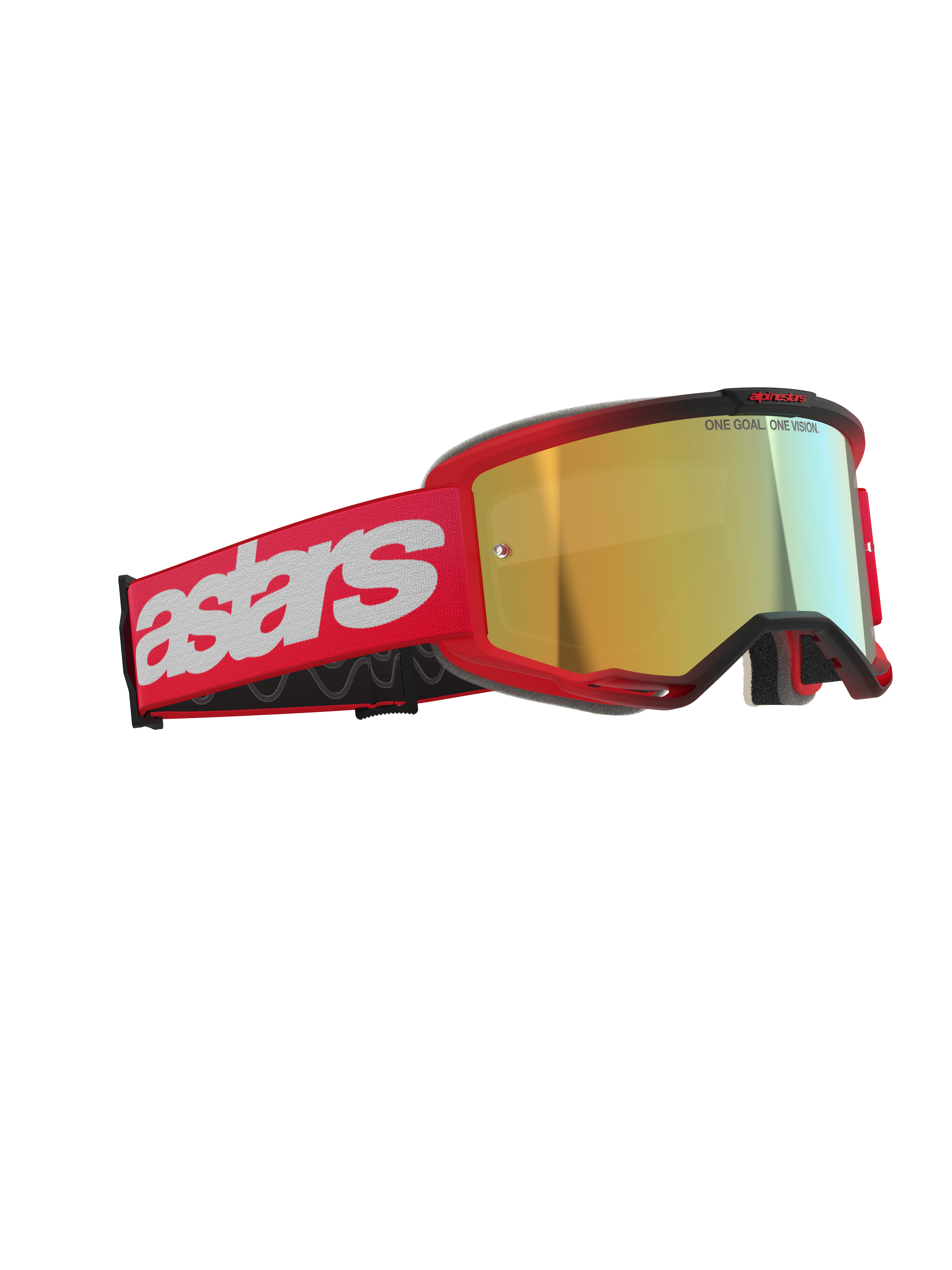 Alpinestars Vision 5 Blaze Goggles, Motocross-Brille, Rot mit goldverspiegelter Linse, rotes gewebtes Band mit großem weißem Astars-Logo und 'ONE GOAL. ONE VISION.' Schriftzug auf der Linse, hochleistungsfähiger Augenschutz für den Offroad-Rennsport