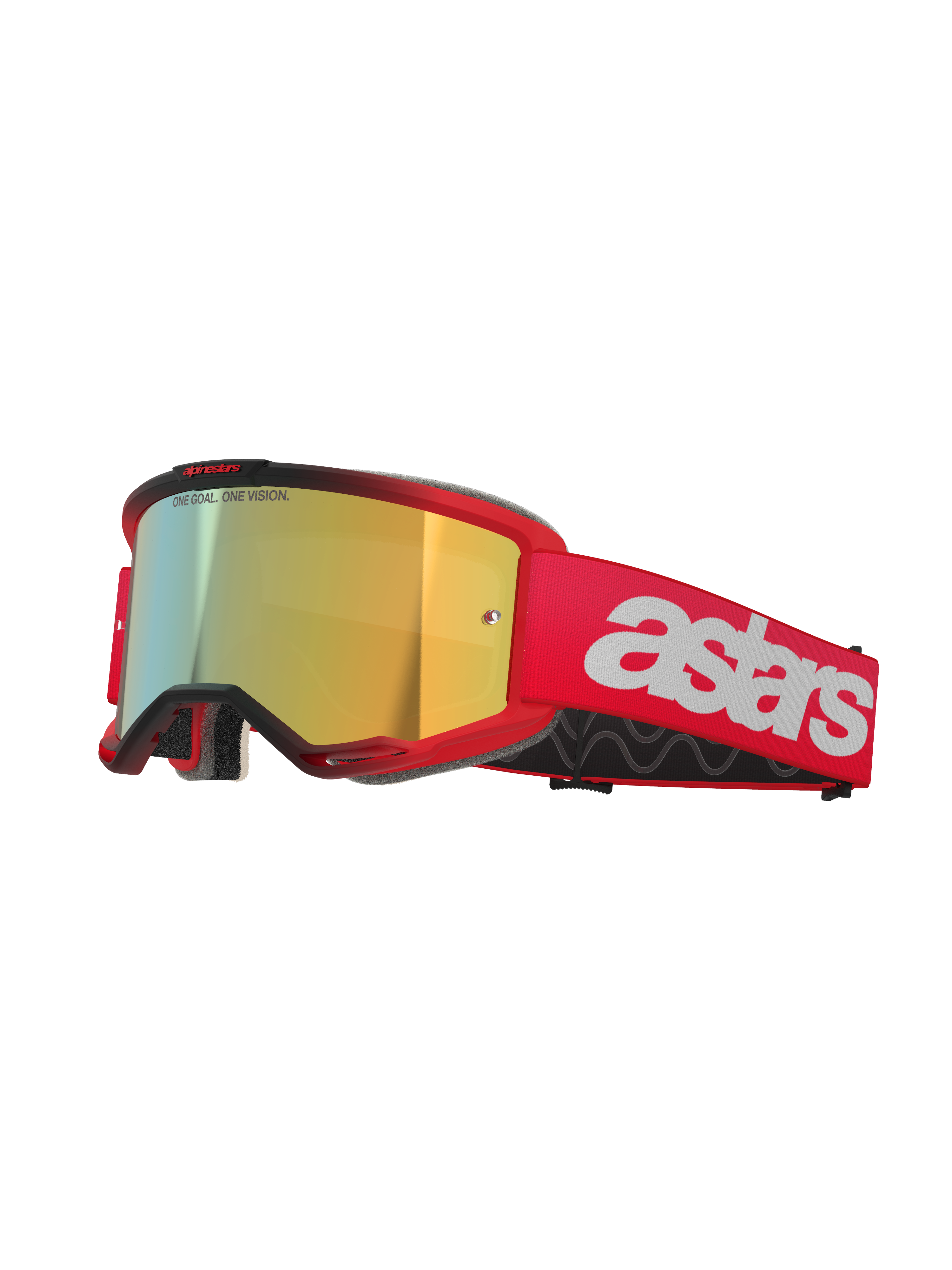 Alpinestars Vision 5 Blaze Goggles, Motocross Goggles, Red frame and strap with Mirror Gold lens, featuring white astars branding on the side, lightweight A-FLEX frame with multi-layer face foam for off-road racing