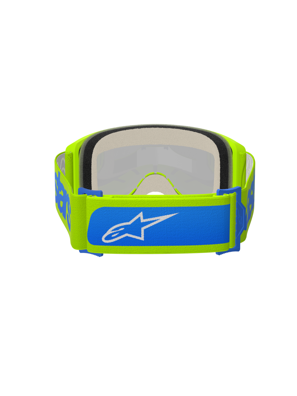 Alpinestars Vision 5 Blaze Goggles, Motocross-Brille, Neongelb und Blau, Rückansicht mit verstellbarem 45 mm gewebtem Band mit blauen Akzenten und weißem Alpinestars-Logo, dicker mehrschichtiger Gesichtsschaumstoff, entwickelt für Offroad-Rennsport