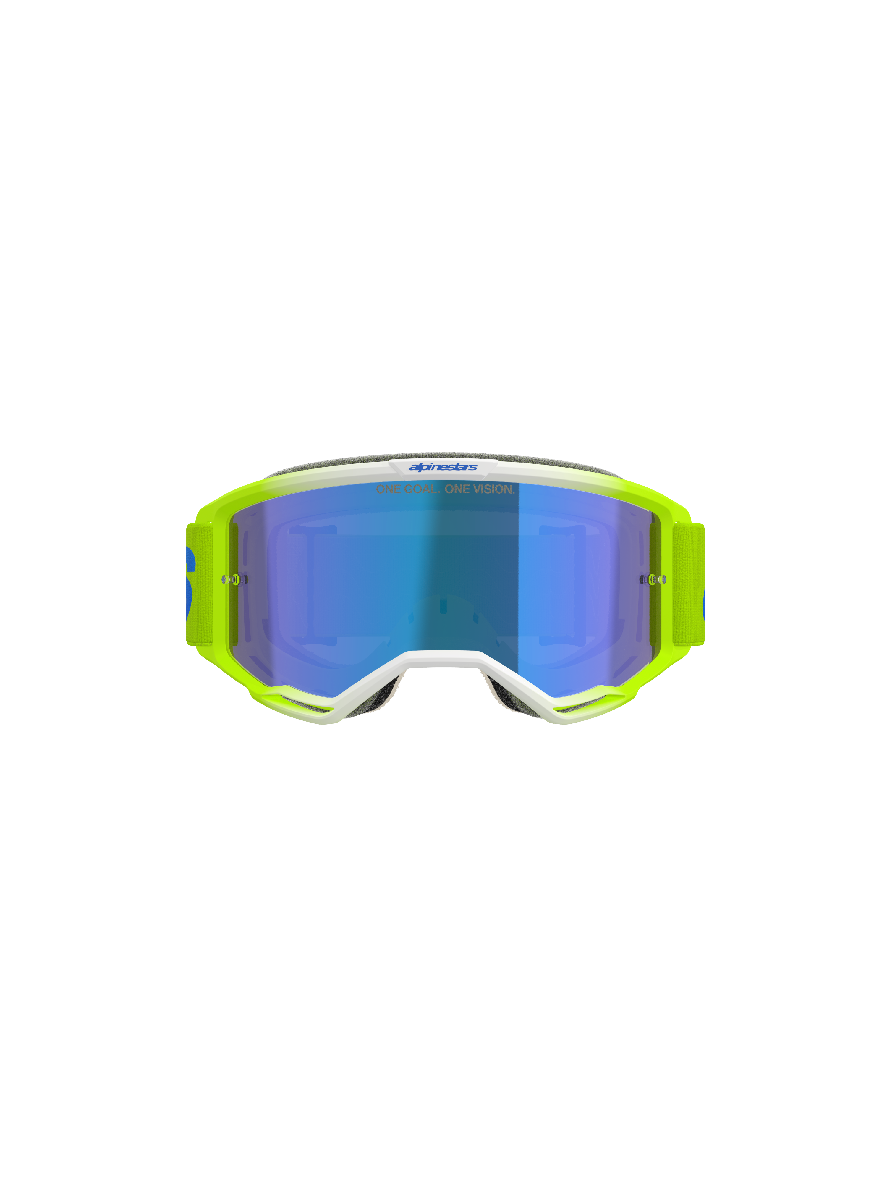 Alpinestars Vision 5 Blaze Brille, Motocross-Brille, Fluorgelb und Blau mit blau verspiegelter Scheibe, weißen Rahmen-Details und einem breiten, verstellbaren Band mit Alpinestars-Branding, professioneller Augenschutz für Offroad- und Motocross-Rennsport