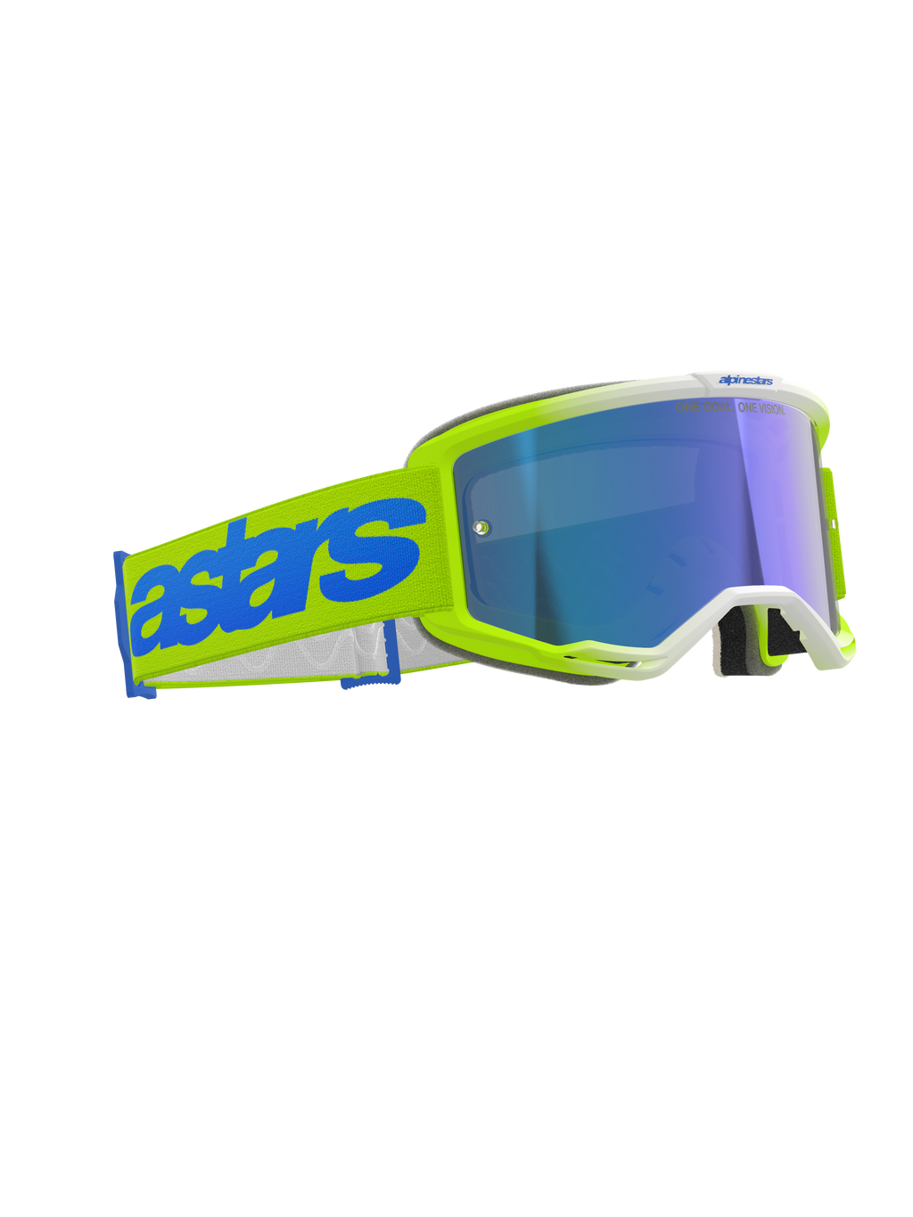 Alpinestars Vision 5 Blaze Goggle, Motocross-Brille, Fluo-Gelb und Blau, blau verspiegelte Linse, breites gelbes Webband mit auffälligem blauen „astars“-Logo, professionelle Schutzausrüstung für den Offroad-Rennsport