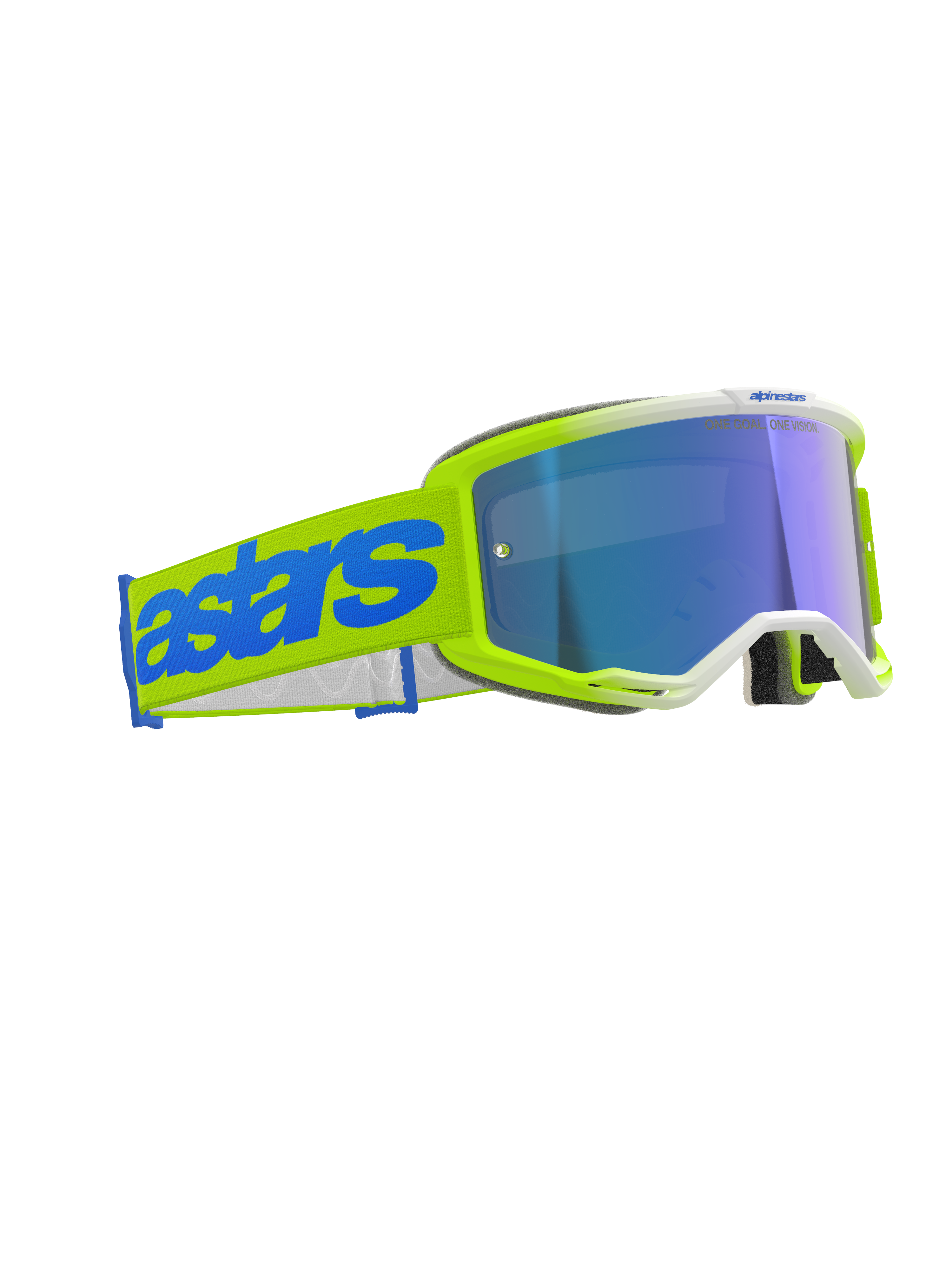 Alpinestars Vision 5 Blaze Goggle, Motocross-Brille, Fluo-Gelb und Blau, blau verspiegelte Linse, breites gelbes Webband mit auffälligem blauen „astars“-Logo, professionelle Schutzausrüstung für den Offroad-Rennsport