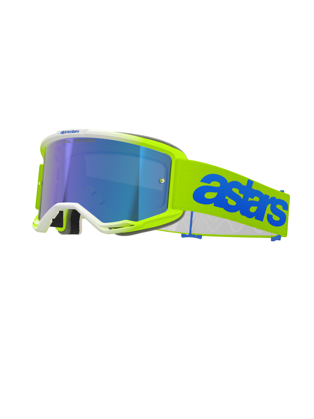 Alpinestars Vision 5 Blaze Goggles, Motocross-Brille, Neongelb und Blau, mit blau verspiegelter Scheibe, neongelber Rahmen mit weißem Rand, verstellbares Band mit markantem blauem Astars-Branding, Hochleistungs-Augenschutz für den Offroad-Rennsport