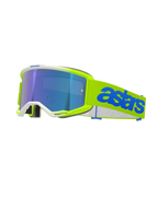 Alpinestars Vision 5 Blaze Goggles, Motocross-Brille, Neongelb und Blau, mit blau verspiegelter Scheibe, neongelber Rahmen mit weißem Rand, verstellbares Band mit markantem blauem Astars-Branding, Hochleistungs-Augenschutz für den Offroad-Rennsport