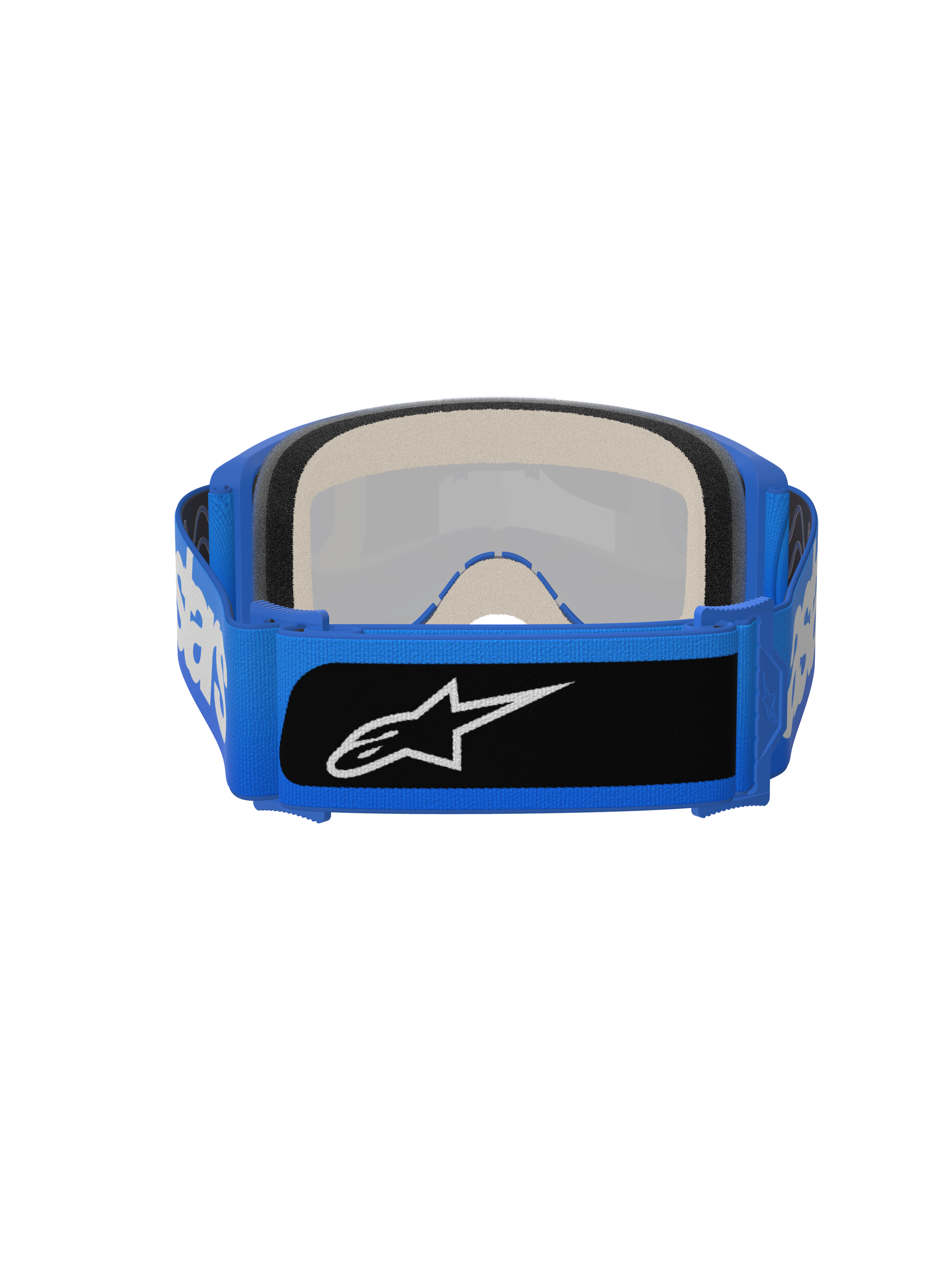 Alpinestars Vision 5 Blaze Goggles, Motocross-Brille, Blau, Rückansicht mit dickem mehrschichtigem Gesichtsschaumstoff und breitem blauem gewebtem Band mit schwarzem Logo-Patch, leistungsstarker Augenschutz für den Offroad-Einsatz