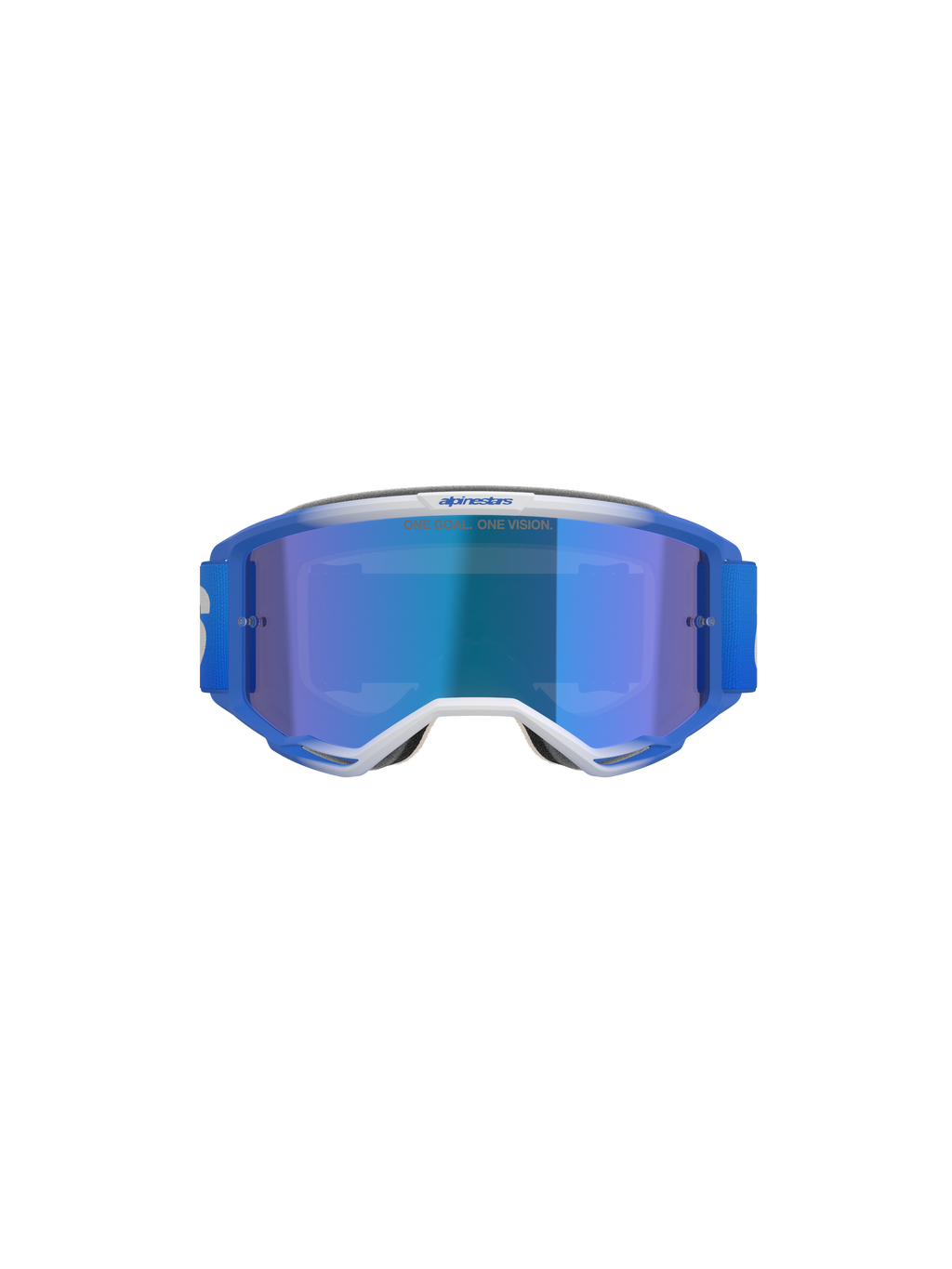 Alpinestars Vision 5 Blaze Goggles, Motocross-Brille, Blue Mirror Blue, Vorderansicht mit blau-weißem A-FLEX-Rahmen, blau verspiegelter Linse und blau gewebtem Band, professioneller Offroad-Augenschutz