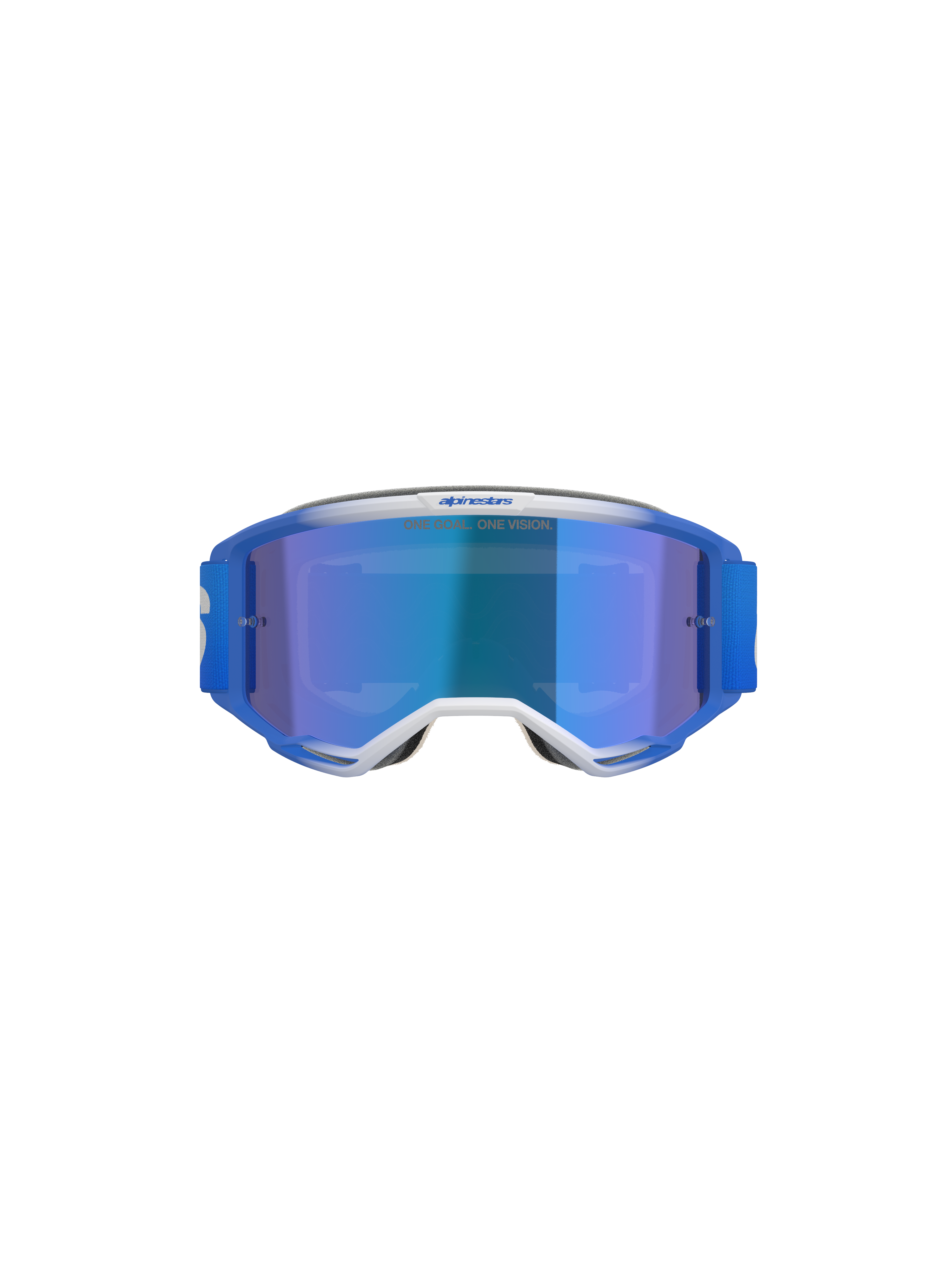 Alpinestars Vision 5 Blaze Goggles, Motocross-Brille, Blue Mirror Blue, Vorderansicht mit blau-weißem A-FLEX-Rahmen, blau verspiegelter Linse und blau gewebtem Band, professioneller Offroad-Augenschutz