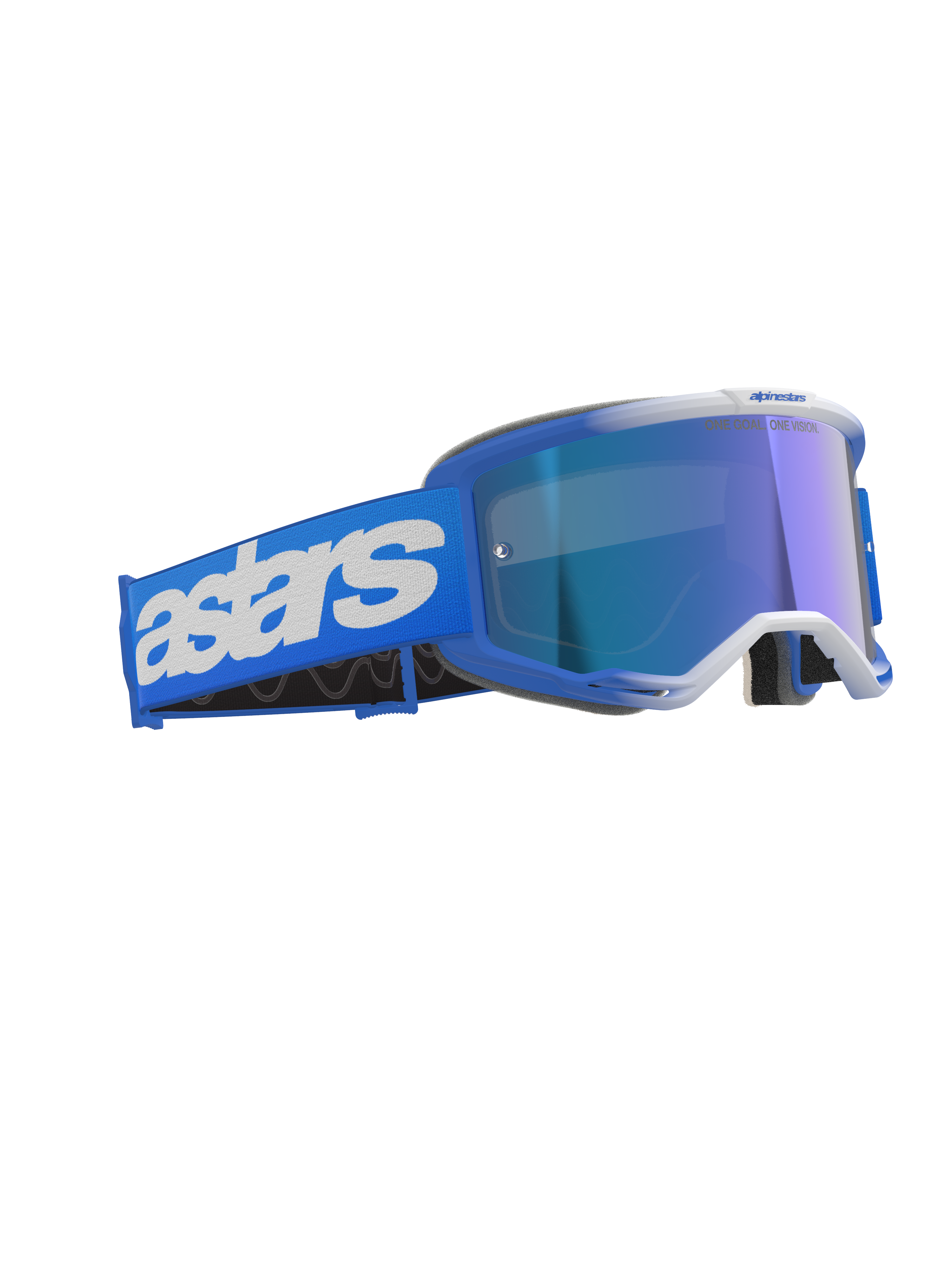 Alpinestars Vision 5 Blaze Goggles, Motocross-Brille, Blau Verspiegelt Blau, mit blauem Rahmen und verspiegelter Linse, breites blaues Band mit weißem Astars-Branding, hochwertige Offroad-Schutzbrille