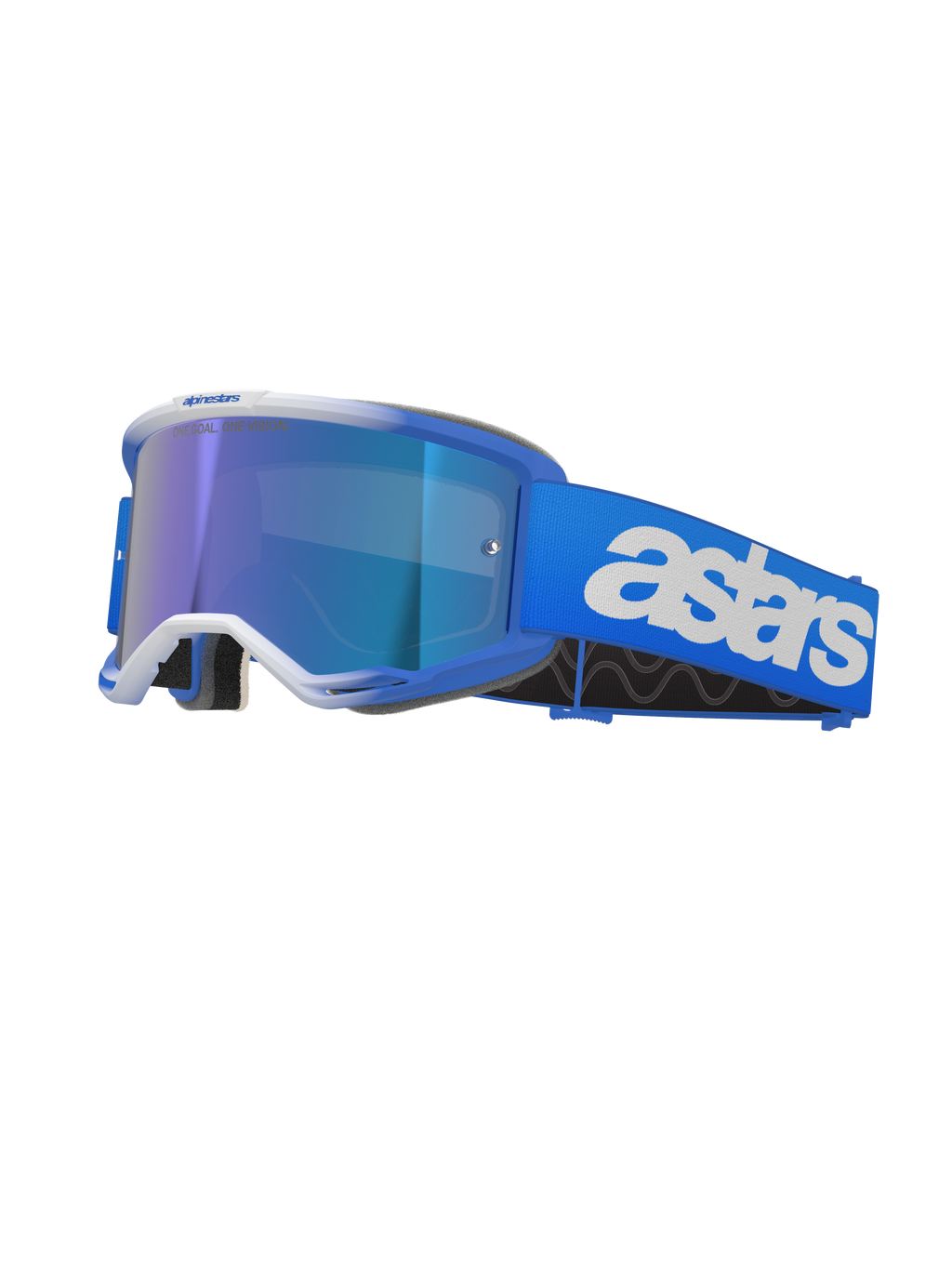 Alpinestars Vision 5 Blaze Brille, Motocross-Brille, Blau und Weiß, blau verspiegelte Linse, breites blaues Band mit markantem weißem Astars-Branding, geschwungener Rahmen mit weißen Akzenten, dicke schwarze Schaumstoffpolsterung, professionelle Offroad-Rennsportbrille