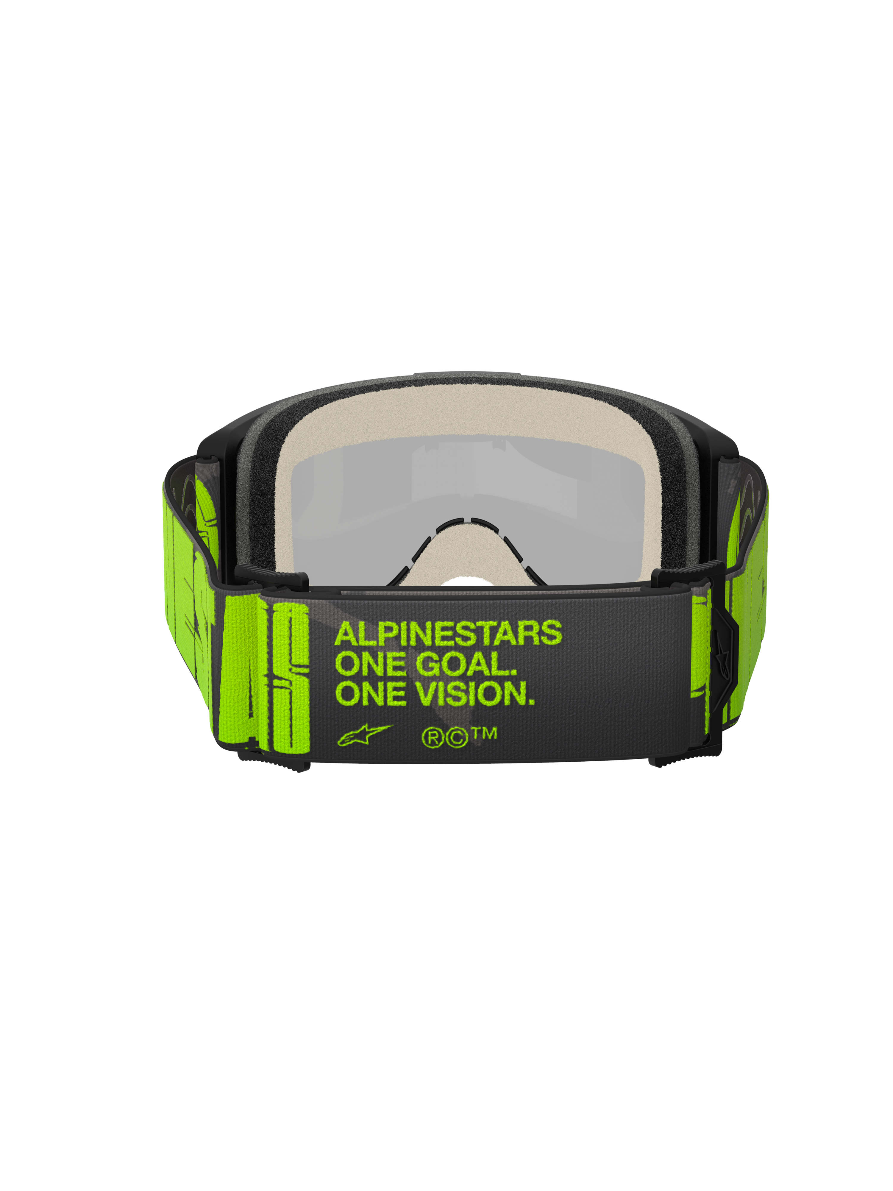 Alpinestars Vision 5 Hollow Goggles, Motocross-Brille, Charcoal und Gelb Fluo, Rückansicht mit breitem gewebtem Band und 'ALPINESTARS ONE GOAL. ONE VISION.' Branding, mehrlagiger Gesichtsschaum, konzipiert für den Offroad-Rennsport