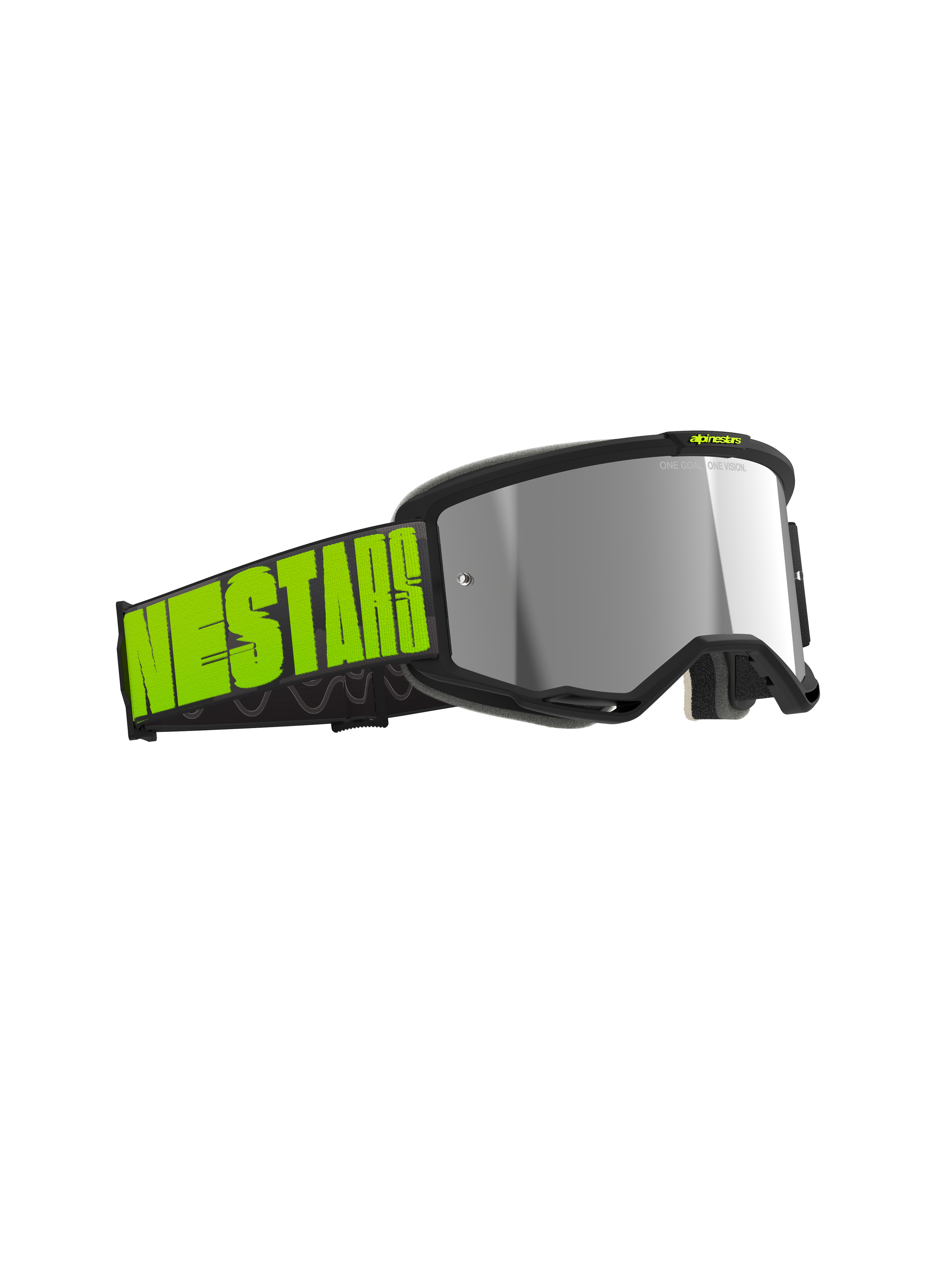 Alpinestars Vision 5 Hollow Goggles, Motocross-Brille, Anthrazit und Neongelb, silberne Spiegellinse, breites schwarzes Band mit markantem neongelbem Branding, schlanker Rahmen mit RAM-AIR-Belüftung für Offroad-Rennsport