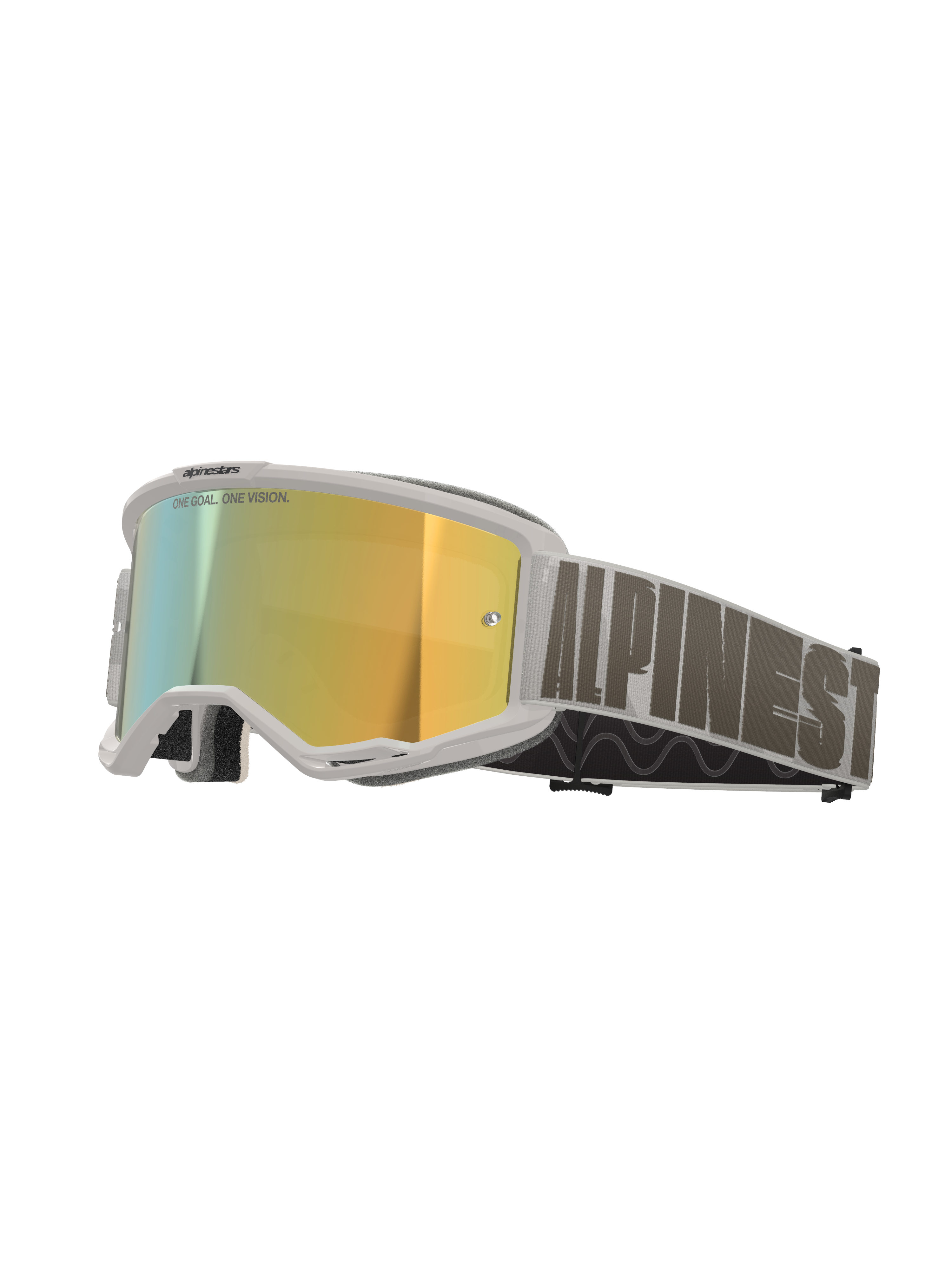 Alpinestars Vision 5 Hollow Goggles, Motocross Goggles, White frame with Wind Mirror Gold lens, gray woven strap with bold Alpinestars branding, high-performance eyewear for off-road racing