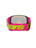 Alpinestars Vision 5 Wordmark Goggles, Motocross-Brille, Pink und Fluo-Gelb, Rückansicht mit Fokus auf das breite, gewebte pinkfarbene Band mit gelbem Alpinestars-Schriftzug, mehrlagiger Gesichtsschaum und leichter Urethan-Rahmen.