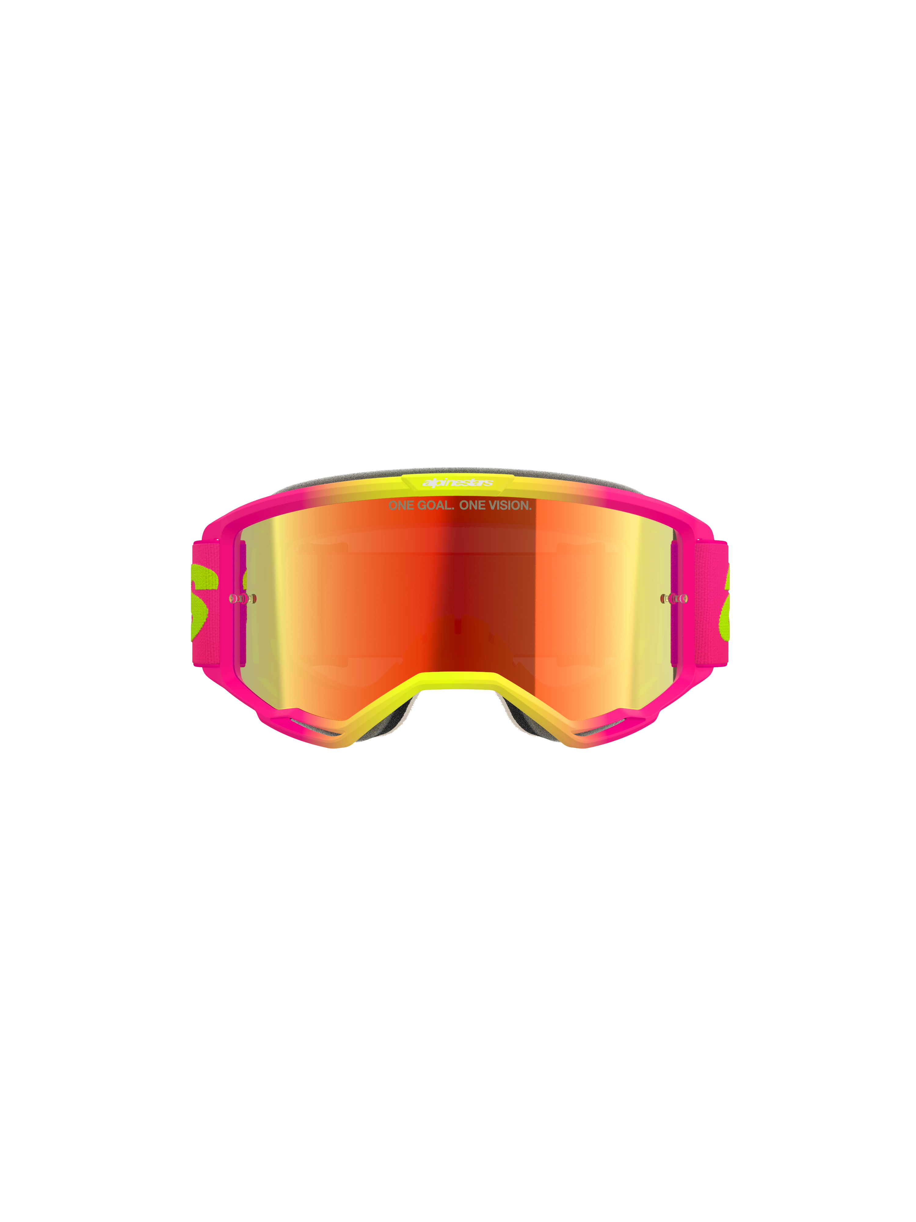 Alpinestars Vision 5 Wordmark Goggles, Motocross-Brille, pinker und neongelber Rahmen mit Red Mirror Glas, auffälliges Branding und „One Goal. One Vision.“ Schriftzug auf dem Glas, Hochleistungs-Offroad-Brille