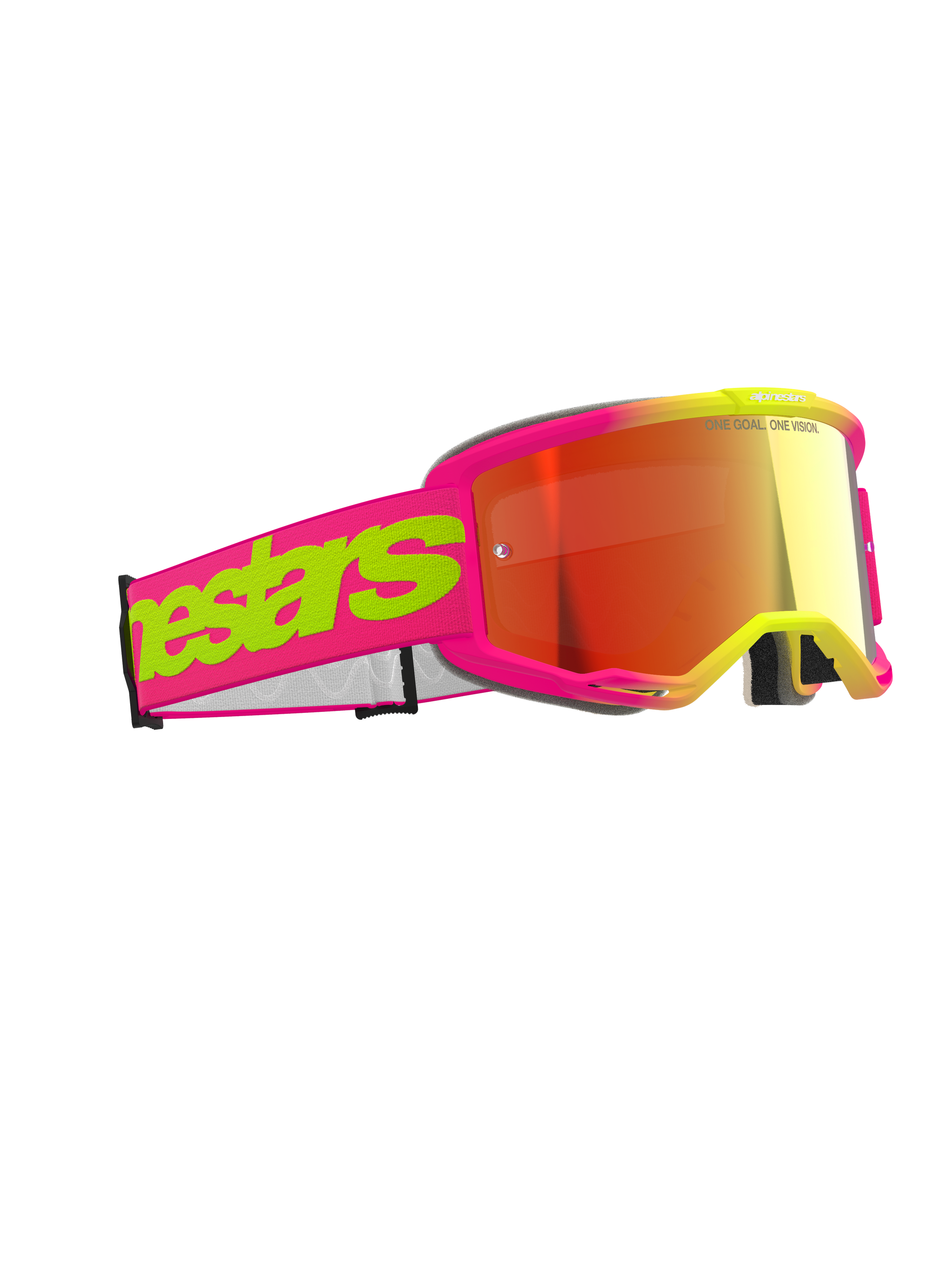 Alpinestars Vision 5 Wordmark Goggles, Motocross Goggles, Pink and Fluorescent Yellow with Red Mirror Lens, bold wordmark on the strap, flexible frame, high-performance eye protection for off-road racing