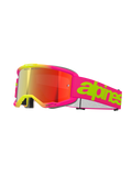 Alpinestars Vision 5 Wordmark Brille, Motocross-Brille, Pink Fluo und Gelb, rote verspiegelte Linse, breites pinkes Band mit markantem limettengrünem Schriftzug, sportliches Design für Offroad-Rennsport