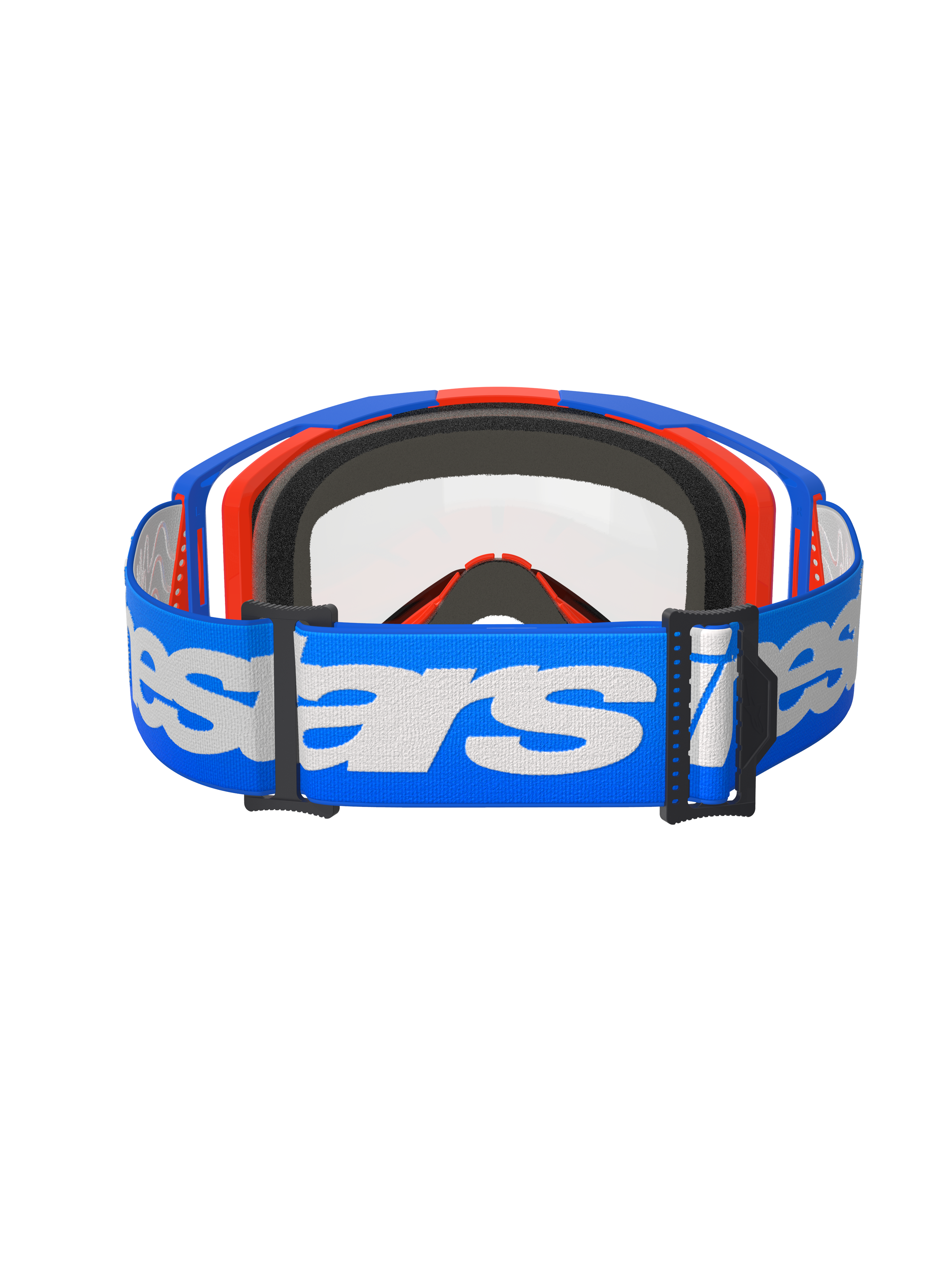 Alpinestars Vision 8 Wordmark Goggles, Motocross Goggles, Blue and Orange with Clear Lens, wide blue strap with white Alpinestars branding, high-performance eyewear for off-road racing
