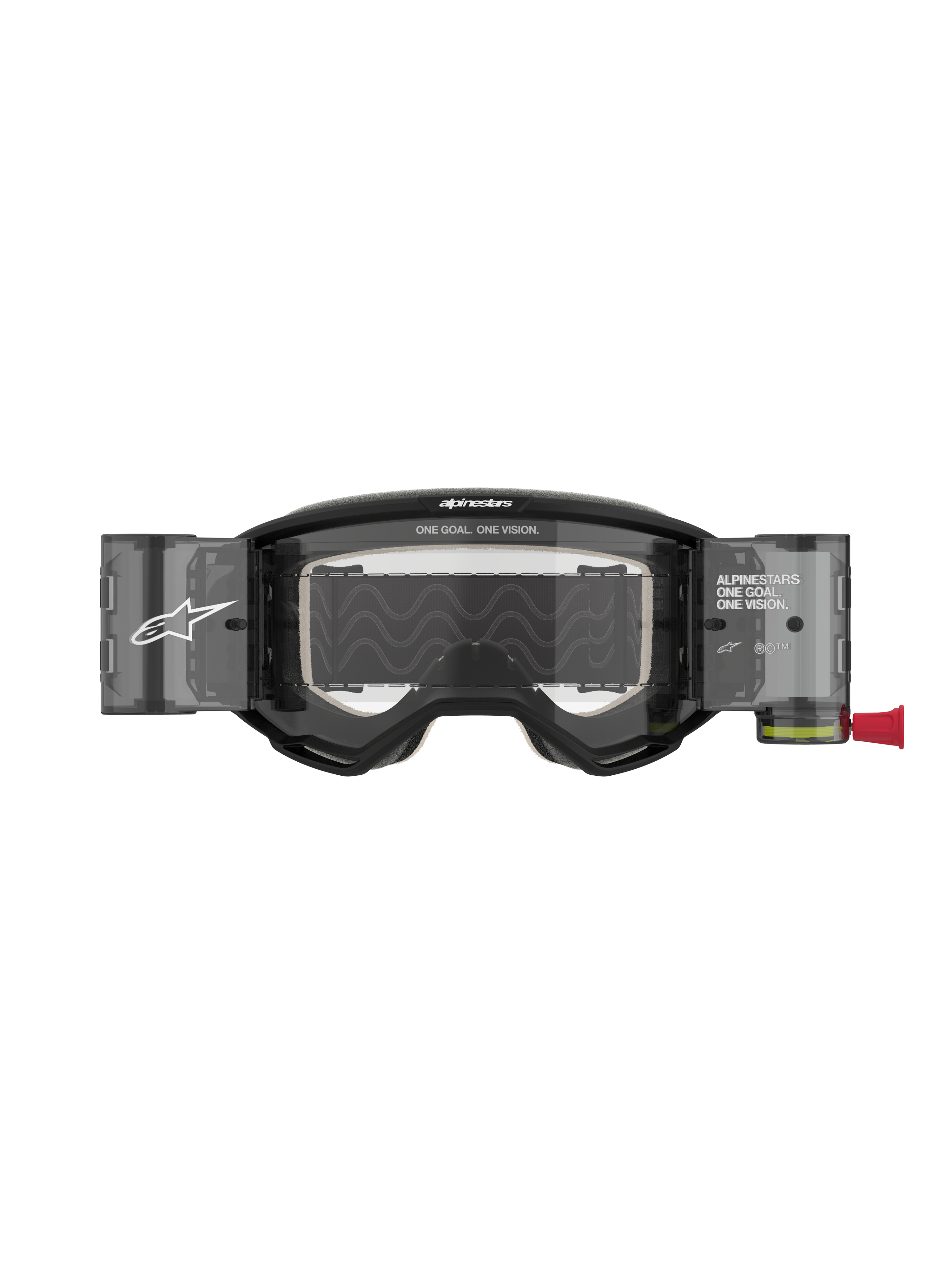 Alpinestars Vision 5 Corp Goggles Roll Off, Motocross Goggles, Black with Clear Lens, featuring integrated Wide Vision Roll-Off system canisters, anti-fog polycarbonate lens, A-FLEX urethane frame, and bold Alpinestars branding.