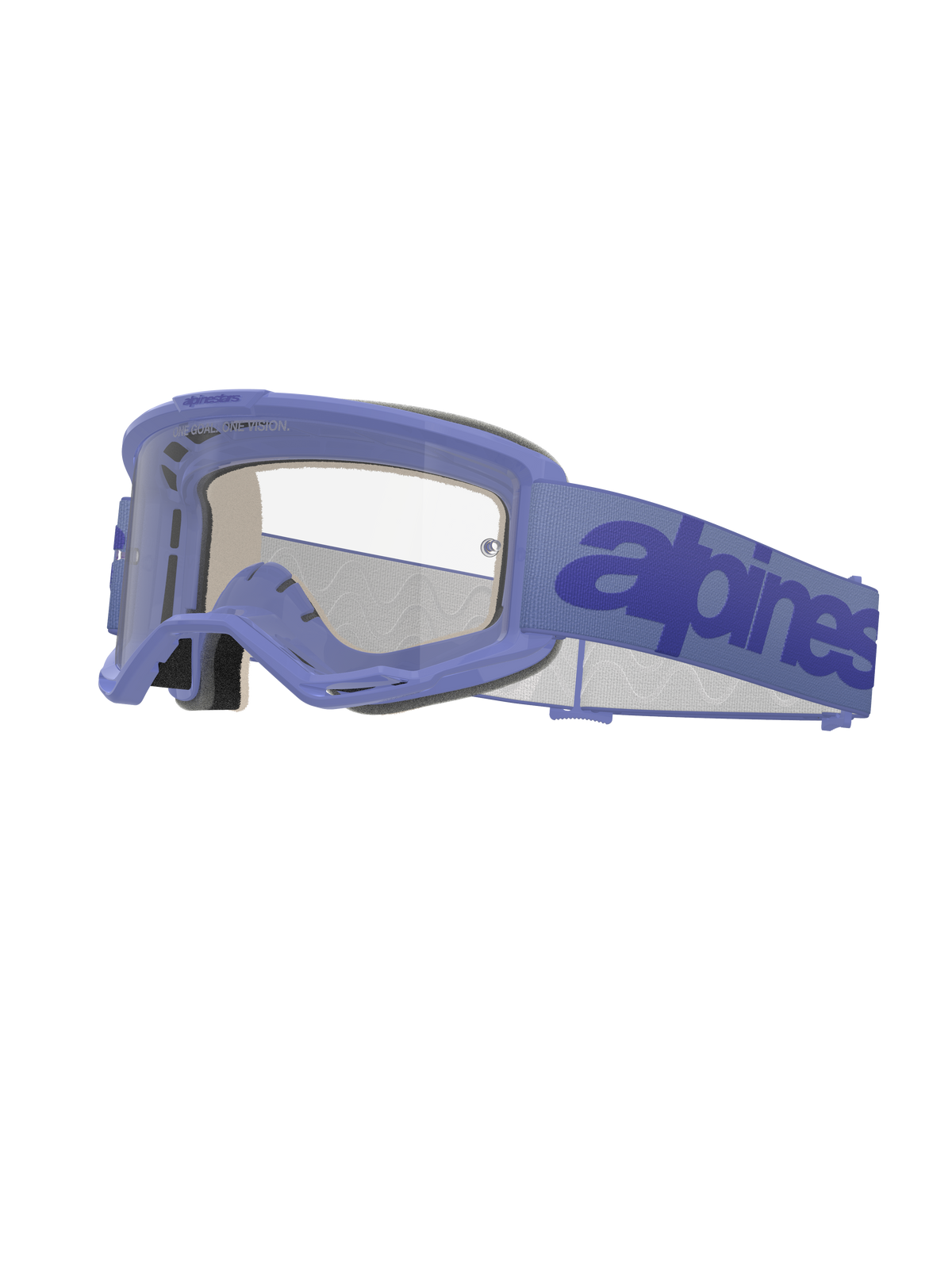 Alpinestars Vision 5 Wordmark Schutzbrille, Motocross-Brille, helllilafarbener Rahmen mit klarer Linse, lila Band mit dunkelblauem Schriftzug, belüftetes A-FLEX Design, mehrstufiger Gesichtsschaum, Offroad-Augenschutz