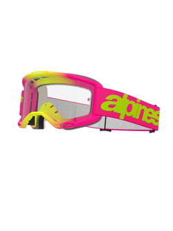 Alpinestars Vision 5 Wordmark Goggles, Motocross-Brille, Pink und Neongelb, klare Linse, markanter limettengrüner Schriftzug auf pinkfarbenem Band, mehrlagiger Gesichtsschaum, belüftetes Design für den Offroad-Rennsport