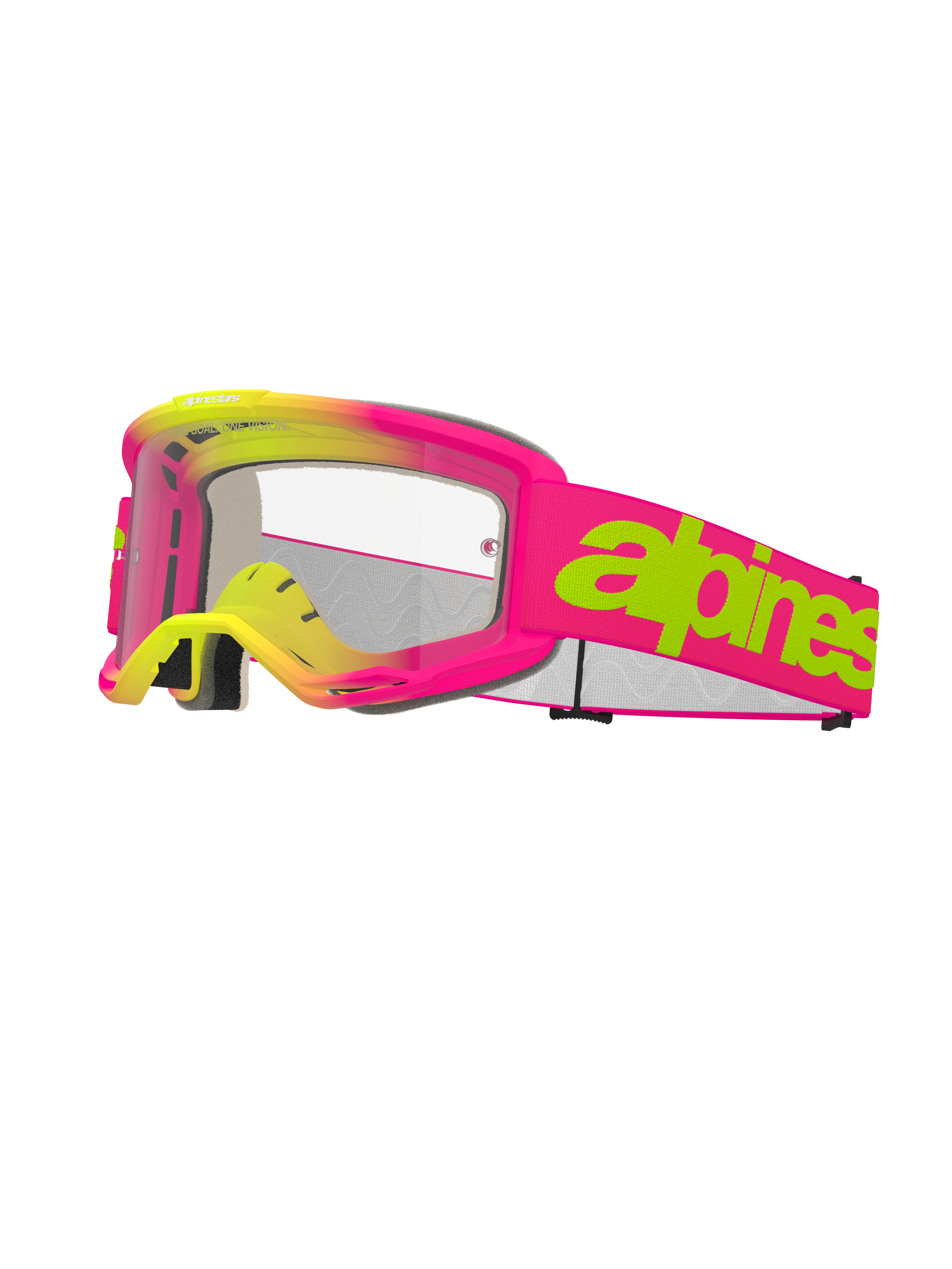 Alpinestars Vision 5 Wordmark Goggles, Motocross-Brille, Pink und Neongelb, klare Linse, markanter limettengrüner Schriftzug auf pinkfarbenem Band, mehrlagiger Gesichtsschaum, belüftetes Design für den Offroad-Rennsport