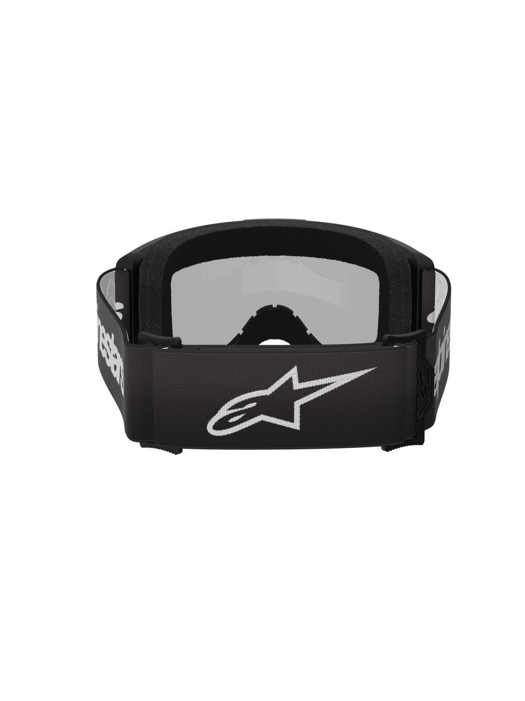 Alpinestars Vision 3 Wordmark Brille, Motocross-Brille, Schwarz und Silberverspiegelt, Rückansicht mit schwarzem gewebtem Band, weißem Alpinestars-Logo und weicher Schaumstoffpolsterung im Inneren.