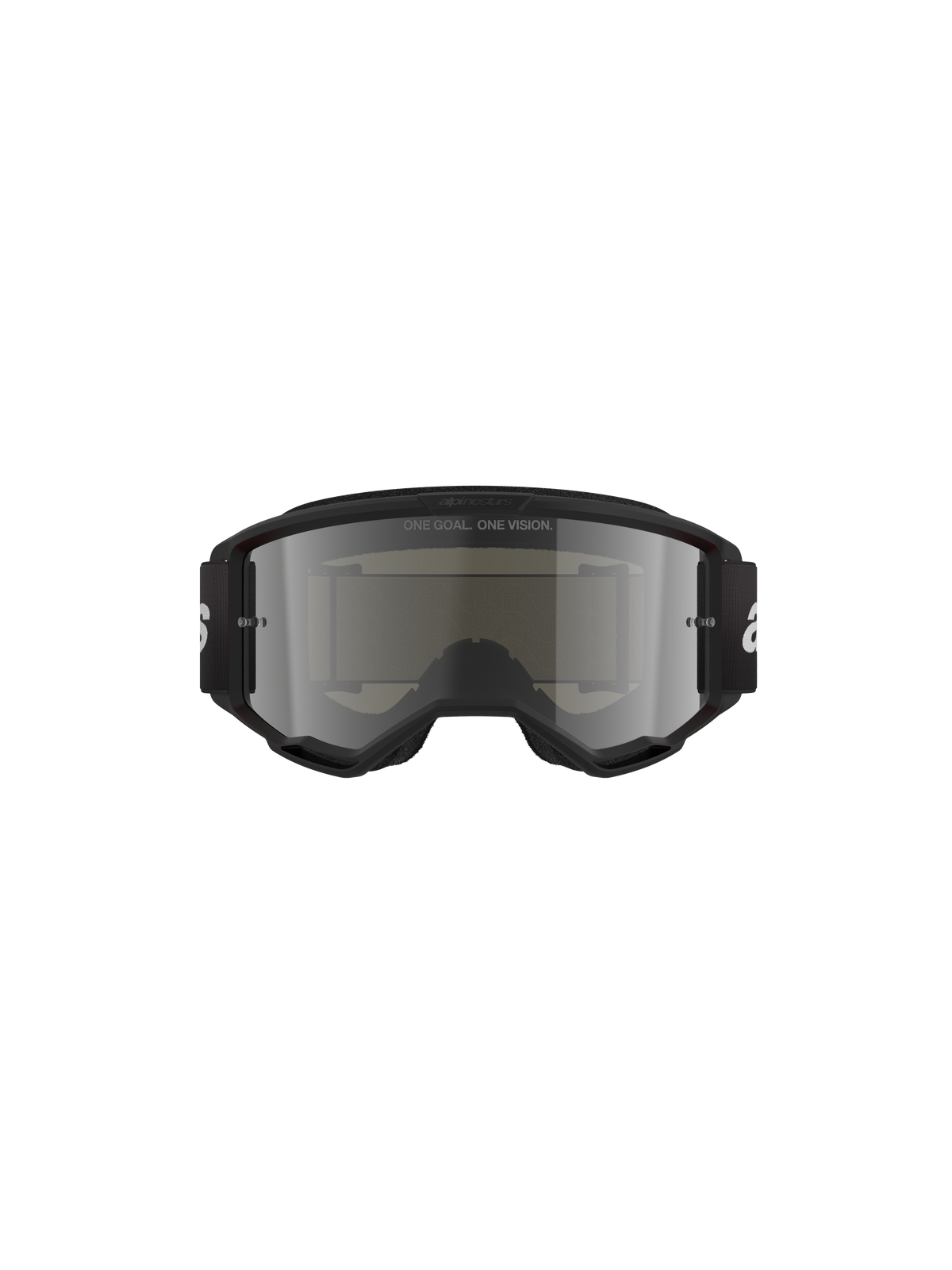 Alpinestars Vision 3 Wordmark Goggles, Motocross-Brille, Black Mirror Silver, mit elegantem schwarzem Rahmen und silber verspiegelter Linse, schwarzes gewebtes Band mit weißem Branding, entwickelt für Offroad-Rennsport und Augenschutz