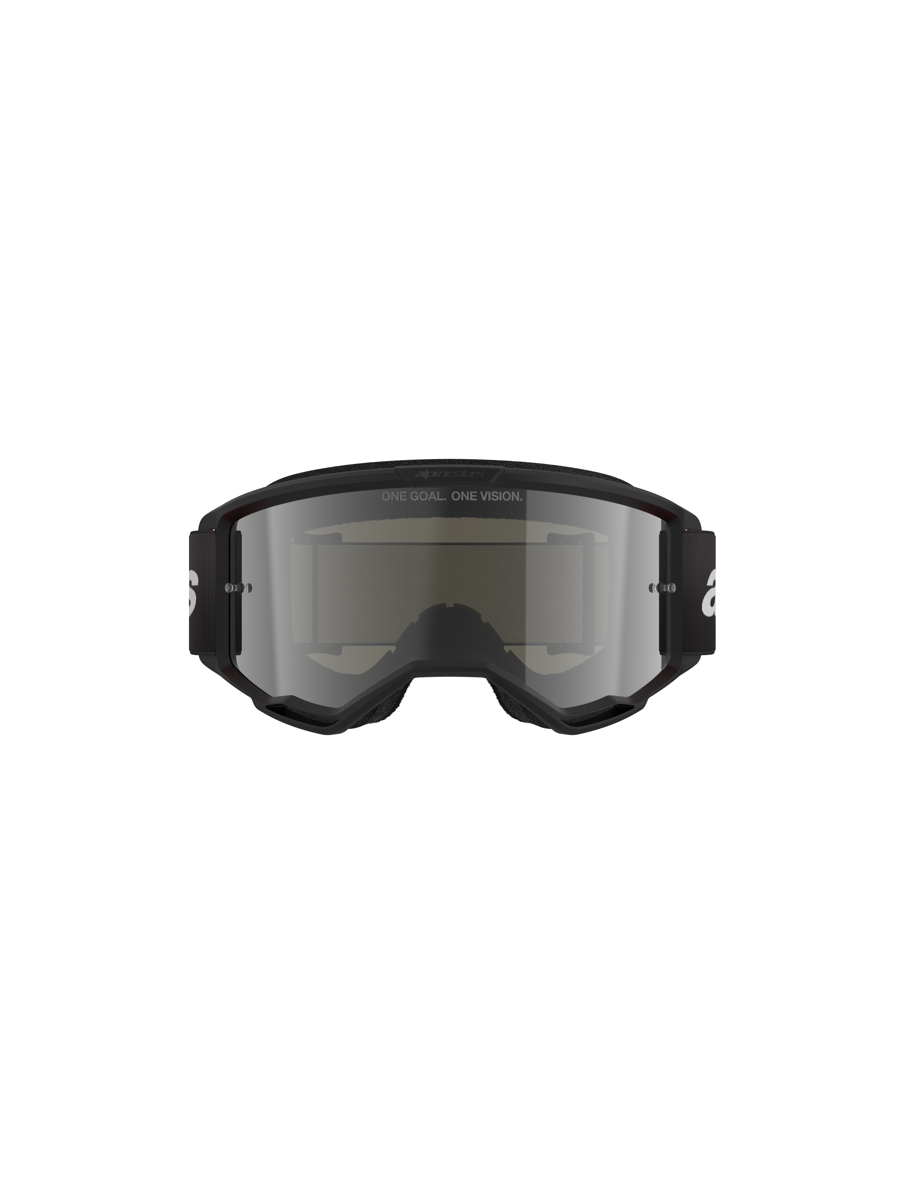 Alpinestars Vision 3 Wordmark Goggles, Motocross-Brille, Black Mirror Silver, mit elegantem schwarzem Rahmen und silber verspiegelter Linse, schwarzes gewebtes Band mit weißem Branding, entwickelt für Offroad-Rennsport und Augenschutz