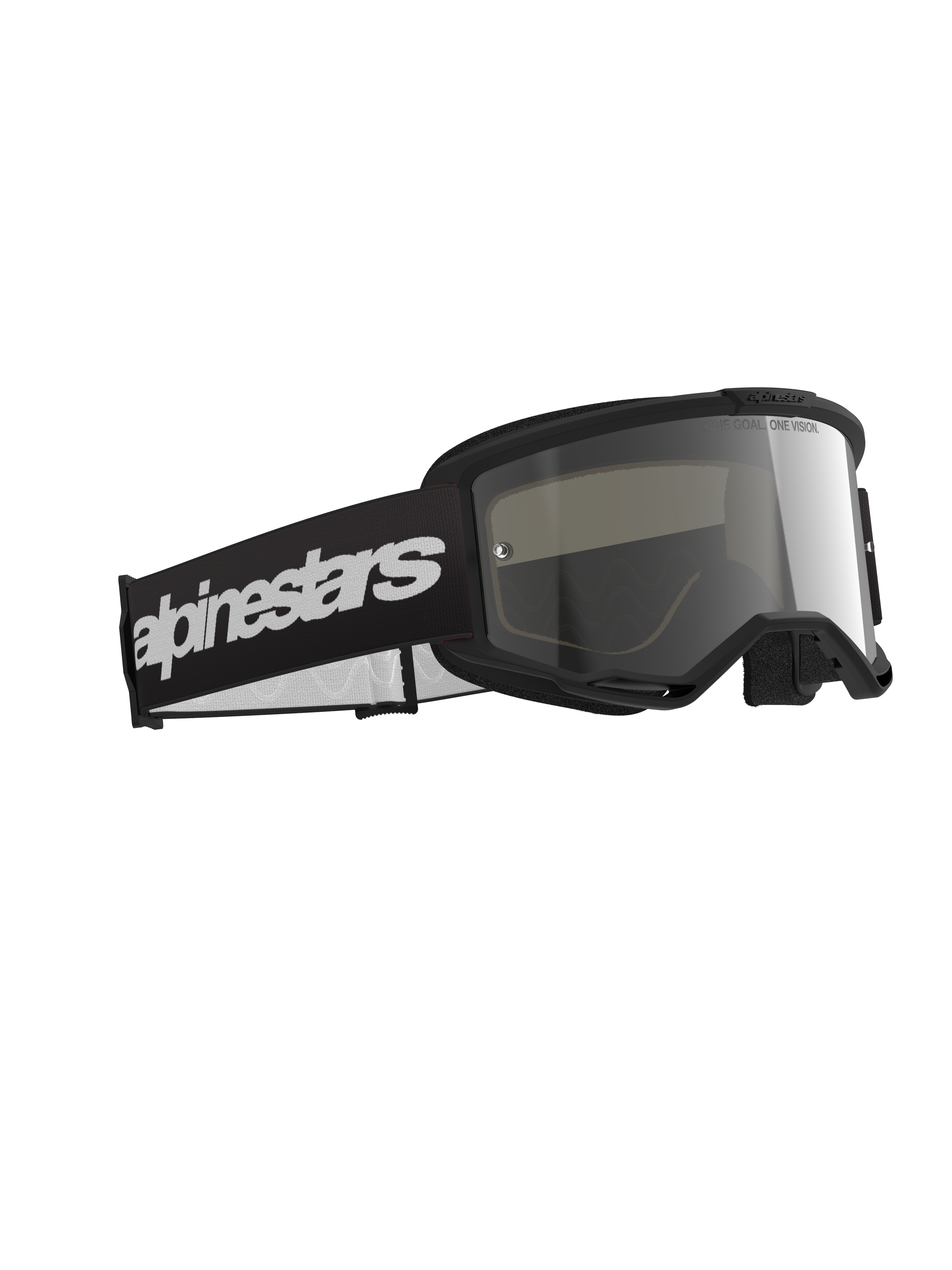 Alpinestars Vision 3 Wordmark Brille, Motocross-Brille, schwarzer Rahmen mit verspiegelter silberner Linse, breites schwarzes Band mit markantem weißem Alpinestars Wordmark-Logo, elegante Schutzausrüstung für Offroad-Rennen