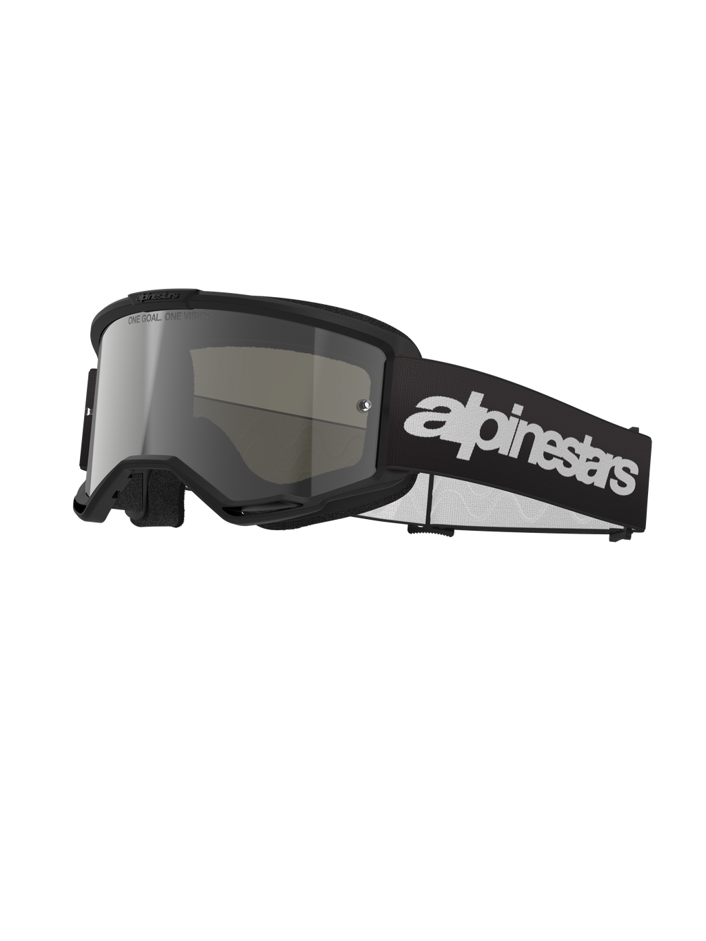 Alpinestars Vision 3 Wordmark Brille, Motocross-Brille, Schwarz und Silber verspiegelt, breite silber getönte Linse, verstellbares schwarzes Band mit markantem weißem Schriftzug-Logo, schaumstoffgefütterter Rahmen mit Belüftungsöffnungen, konzipiert für den Offroad-Rennsport