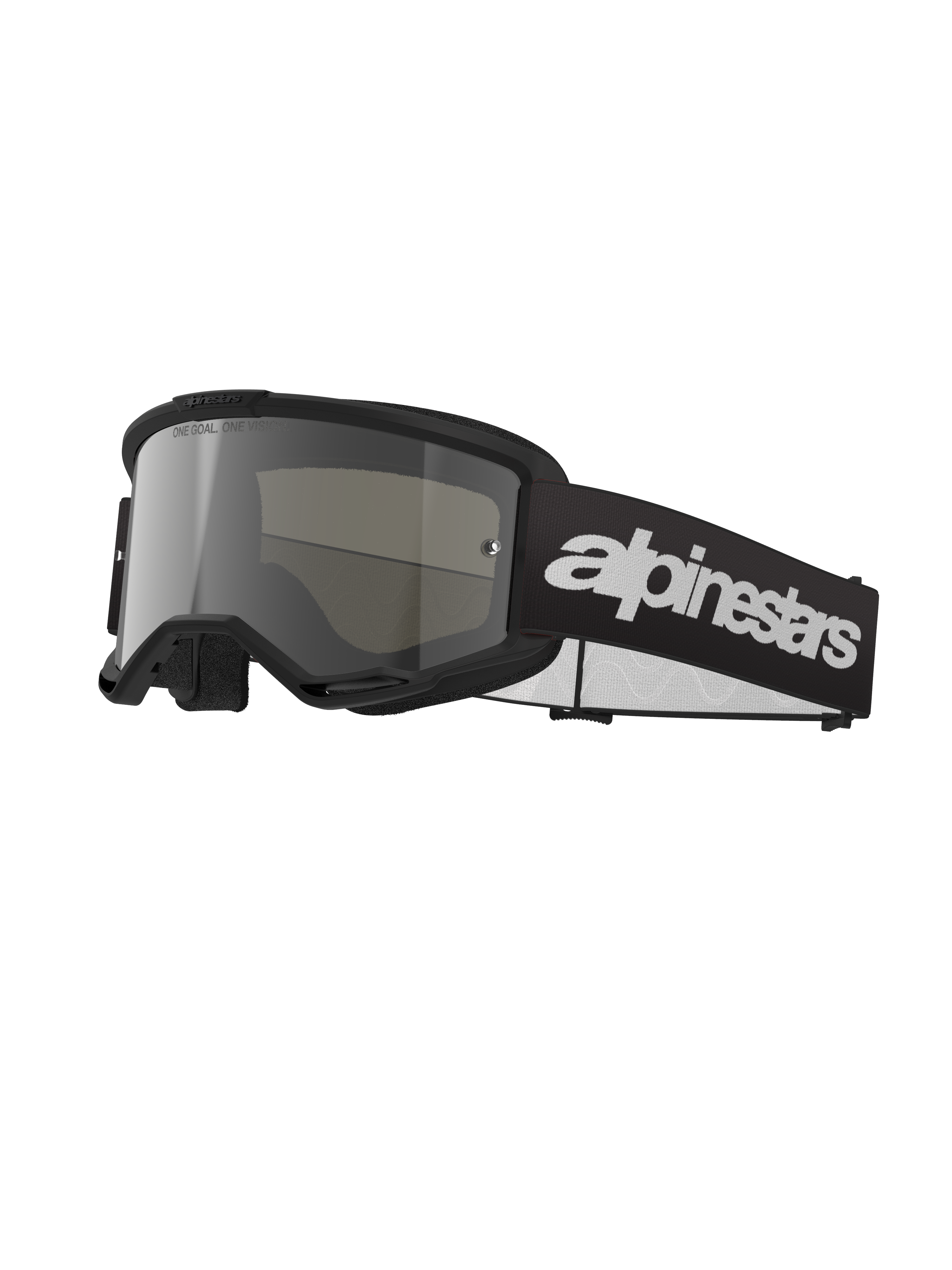 Alpinestars Vision 3 Wordmark Brille, Motocross-Brille, Schwarz und Silber verspiegelt, breite silber getönte Linse, verstellbares schwarzes Band mit markantem weißem Schriftzug-Logo, schaumstoffgefütterter Rahmen mit Belüftungsöffnungen, konzipiert für den Offroad-Rennsport