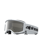 Alpinestars Vision 3 Schutzbrille Wordmark Mirror, weiße Motocross-Brille mit silberner Spiegelscheibe und schwarzem Logo-Band.