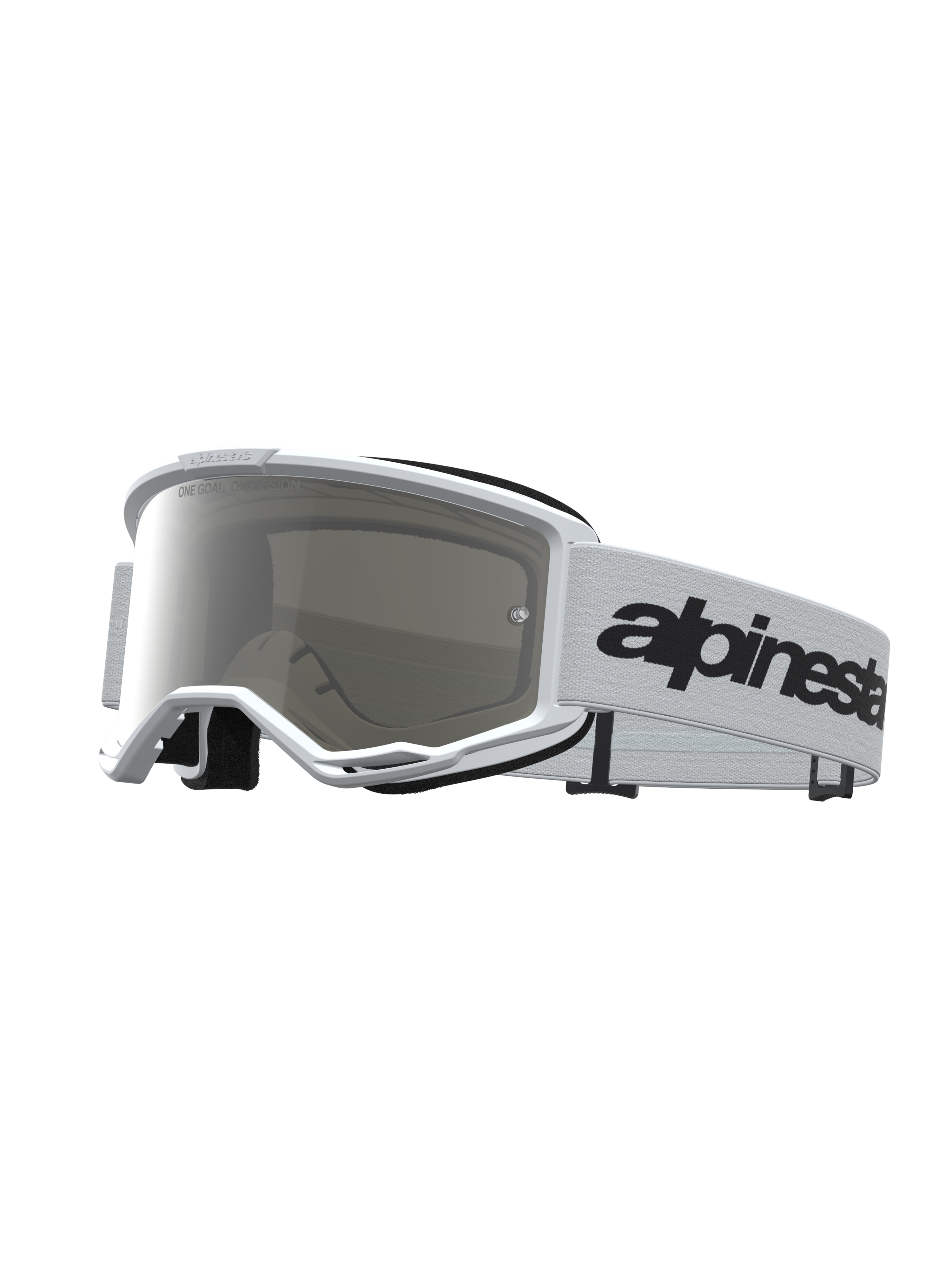 Alpinestars Vision 3 Schutzbrille Wordmark Mirror, weiße Motocross-Brille mit silberner Spiegelscheibe und schwarzem Logo-Band.