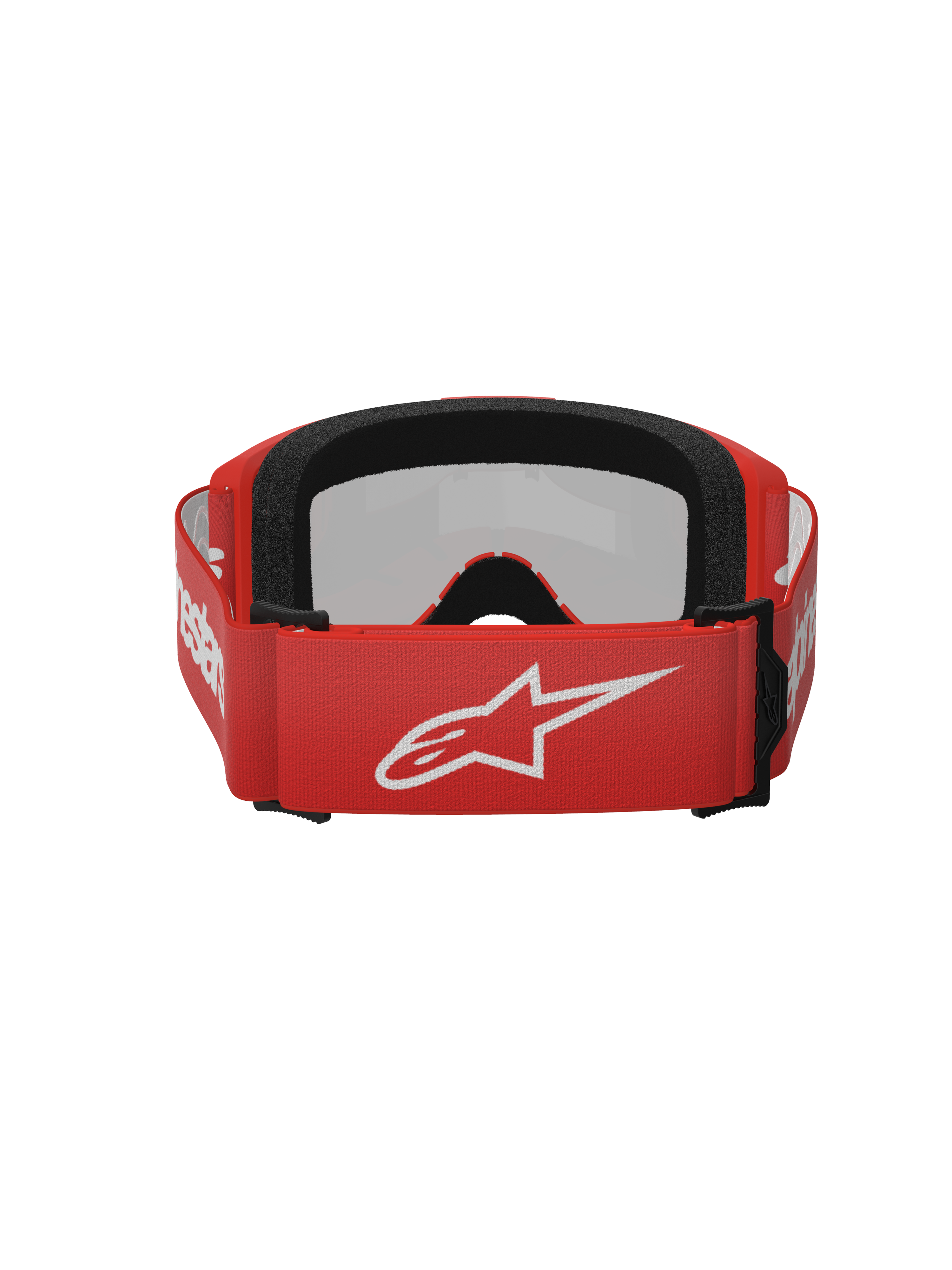 Alpinestars Vision 3 Wordmark Goggles, Motocross-Brille, Rot Mirror Silber, Rückansicht mit rotem gewebtem Band und weißem Alpinestars-Logo, schwarzer EO15-Gesichtsschaum, verstellbare Passform für Offroad-Performance