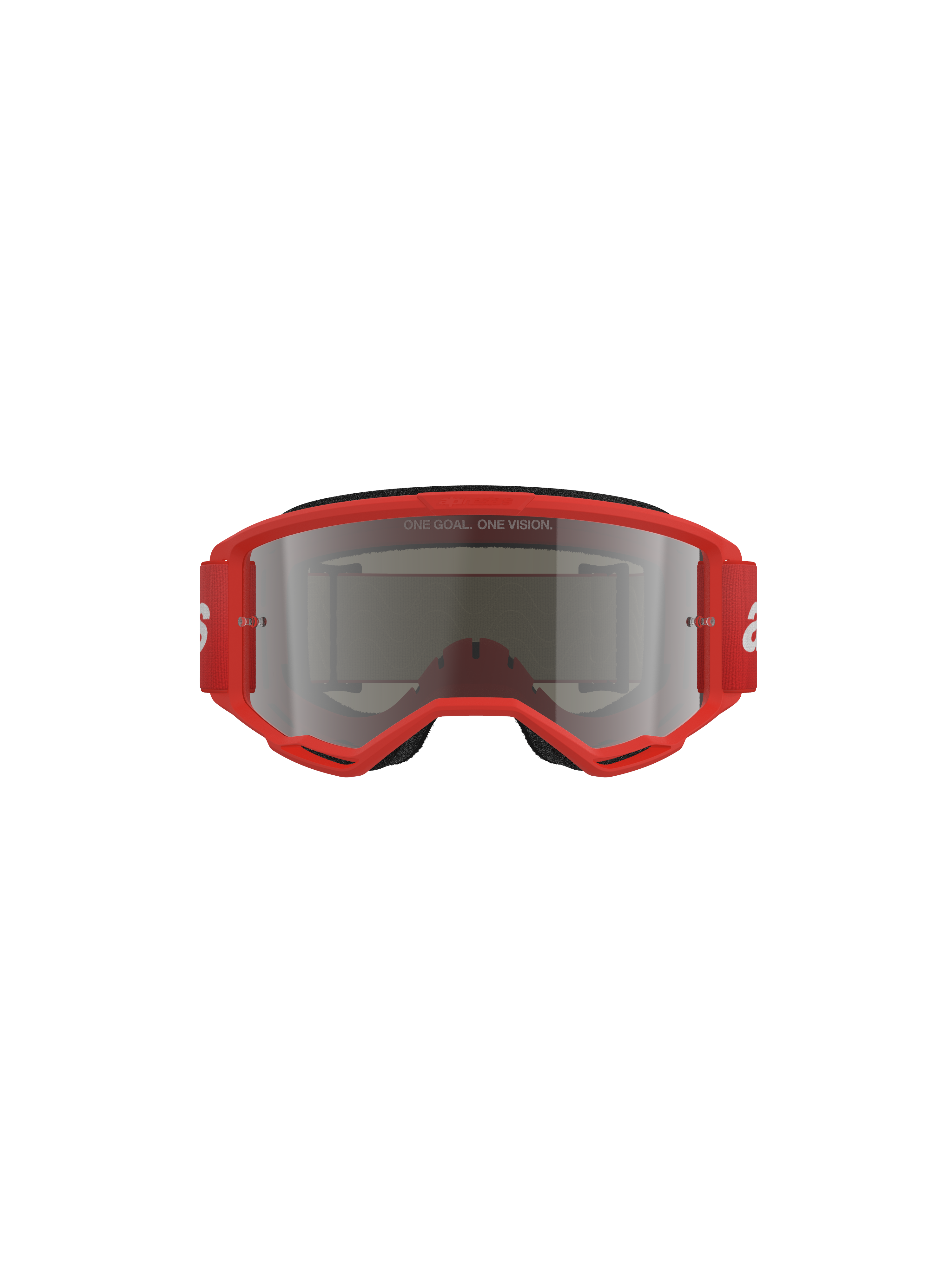 Alpinestars Vision 3 Wordmark Goggles, Motocross-Brille, roter Rahmen mit Silver Mirror-Linse, Vorderansicht mit dem Schriftzug „ONE GOAL. ONE VISION.“ auf der Linse und einem breiten roten Band
